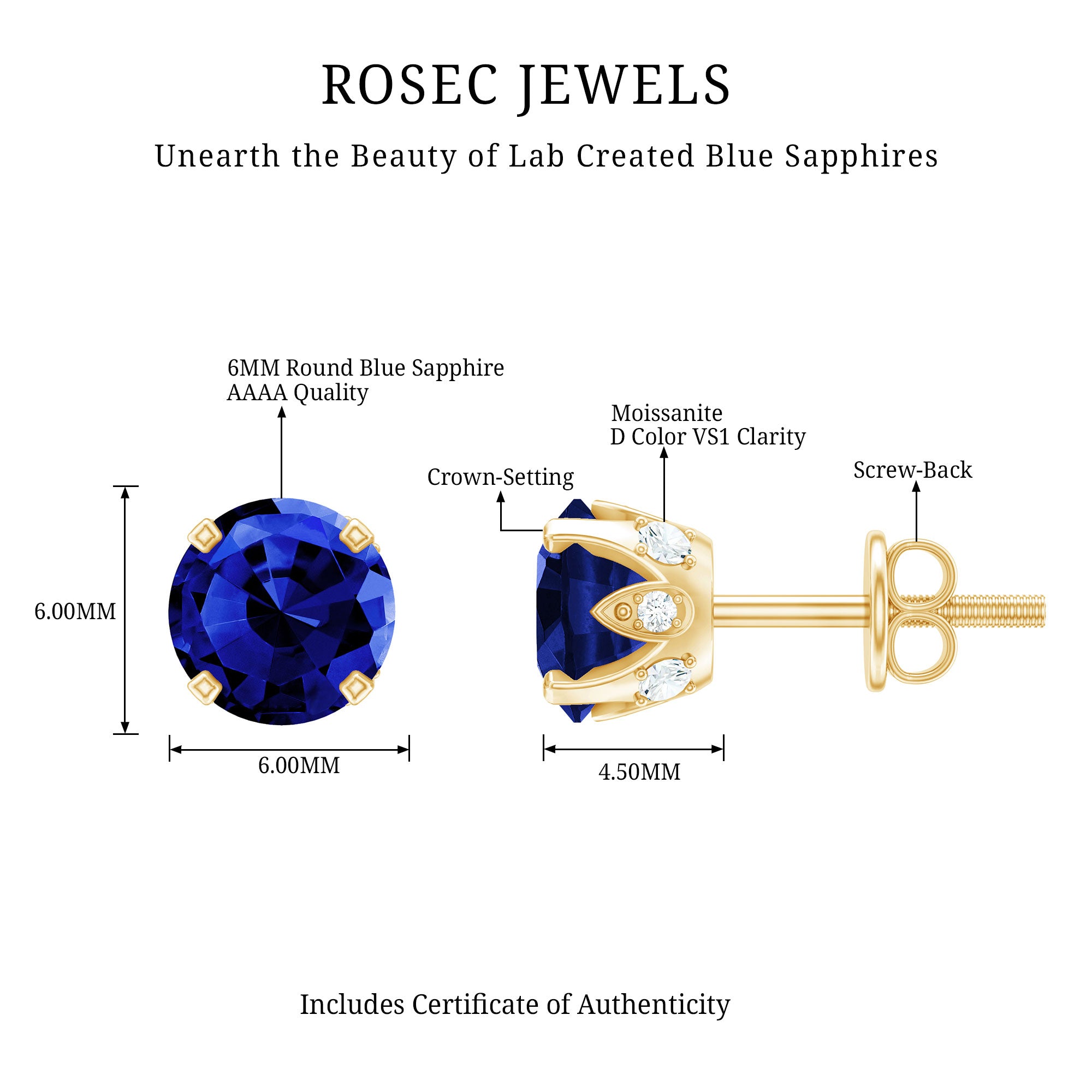 Lab Grown Blue Sapphire Vintage Stud Earrings with Certificate AAAA - Rosec Jewels