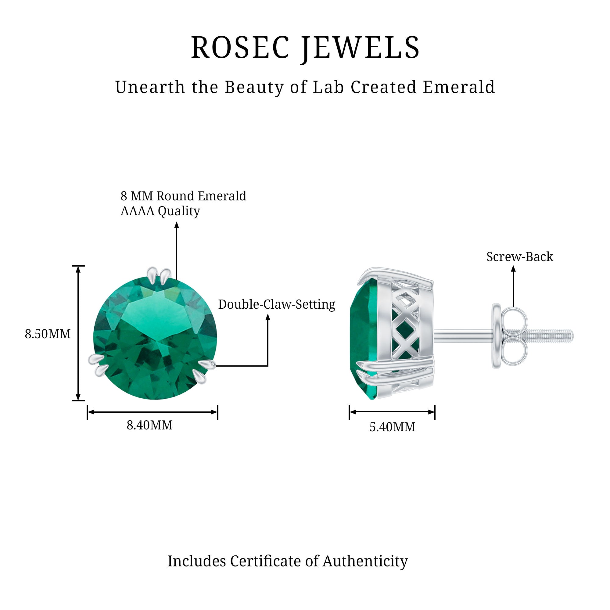 Certified 4.3 Carat Lab Grown Emerald Stud Earrings with Screw back AAAA - Rosec Jewels