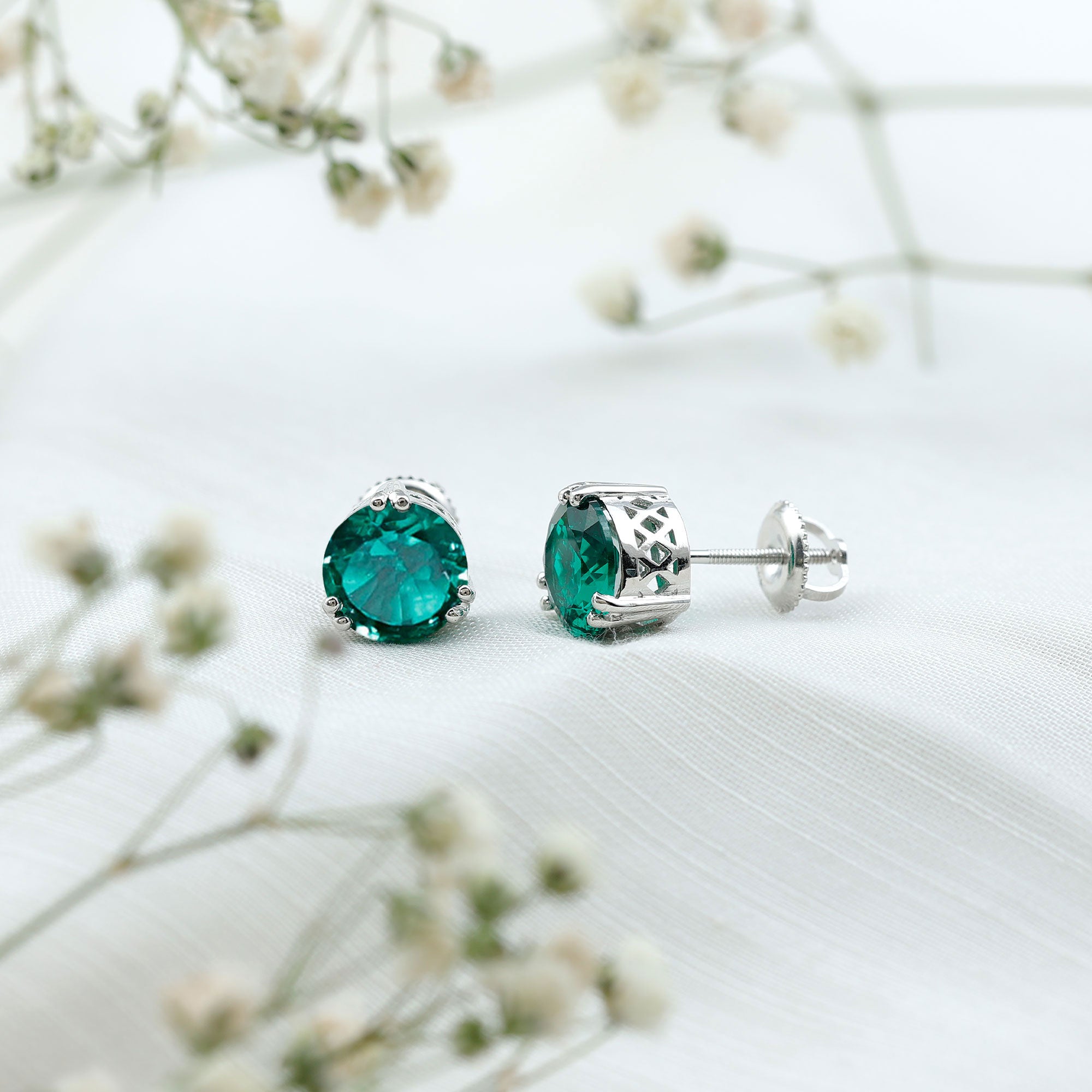 Certified 4.3 Carat Lab Grown Emerald Stud Earrings with Screw back AAAA - Rosec Jewels