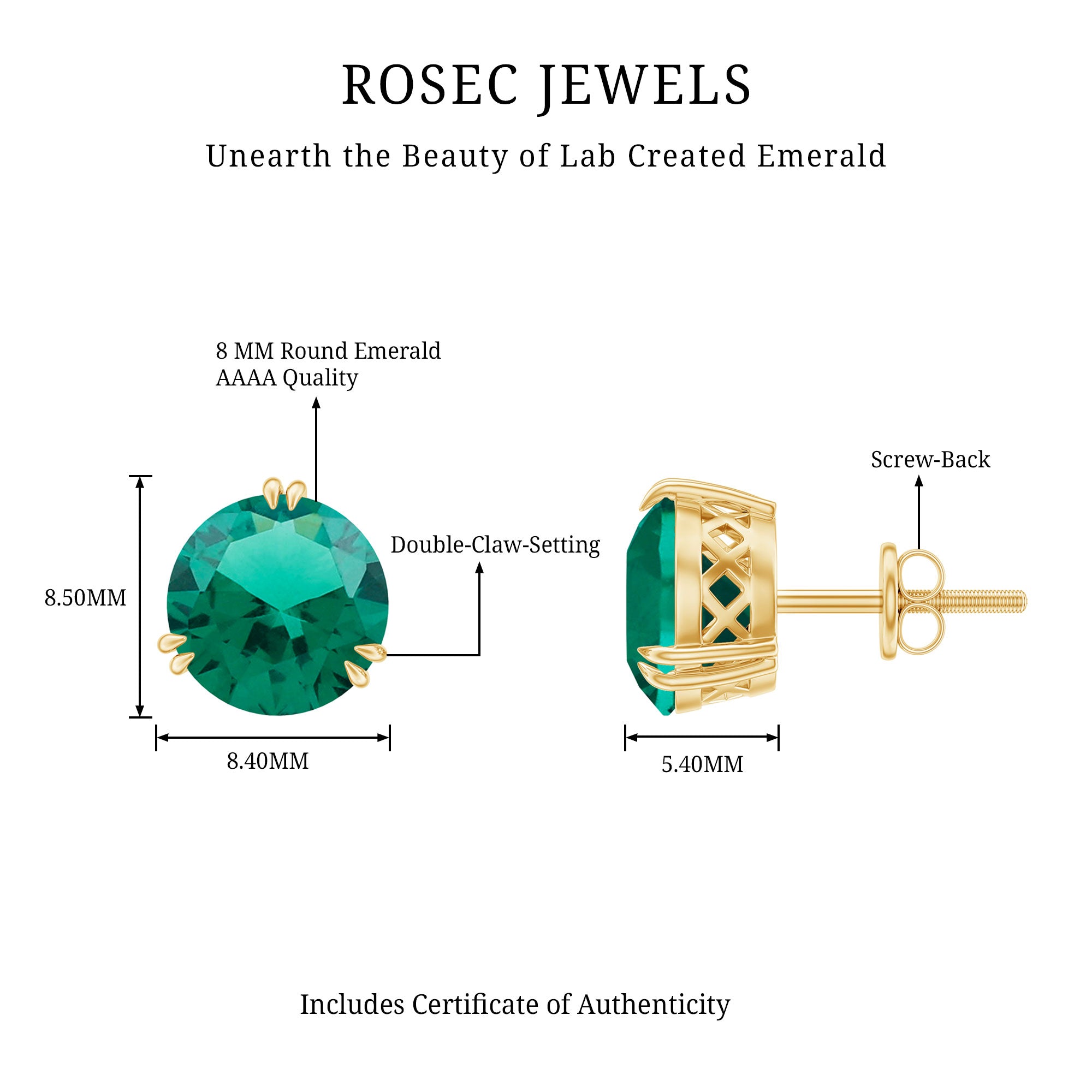 Certified 4.3 Carat Lab Grown Emerald Stud Earrings with Screw back AAAA - Rosec Jewels
