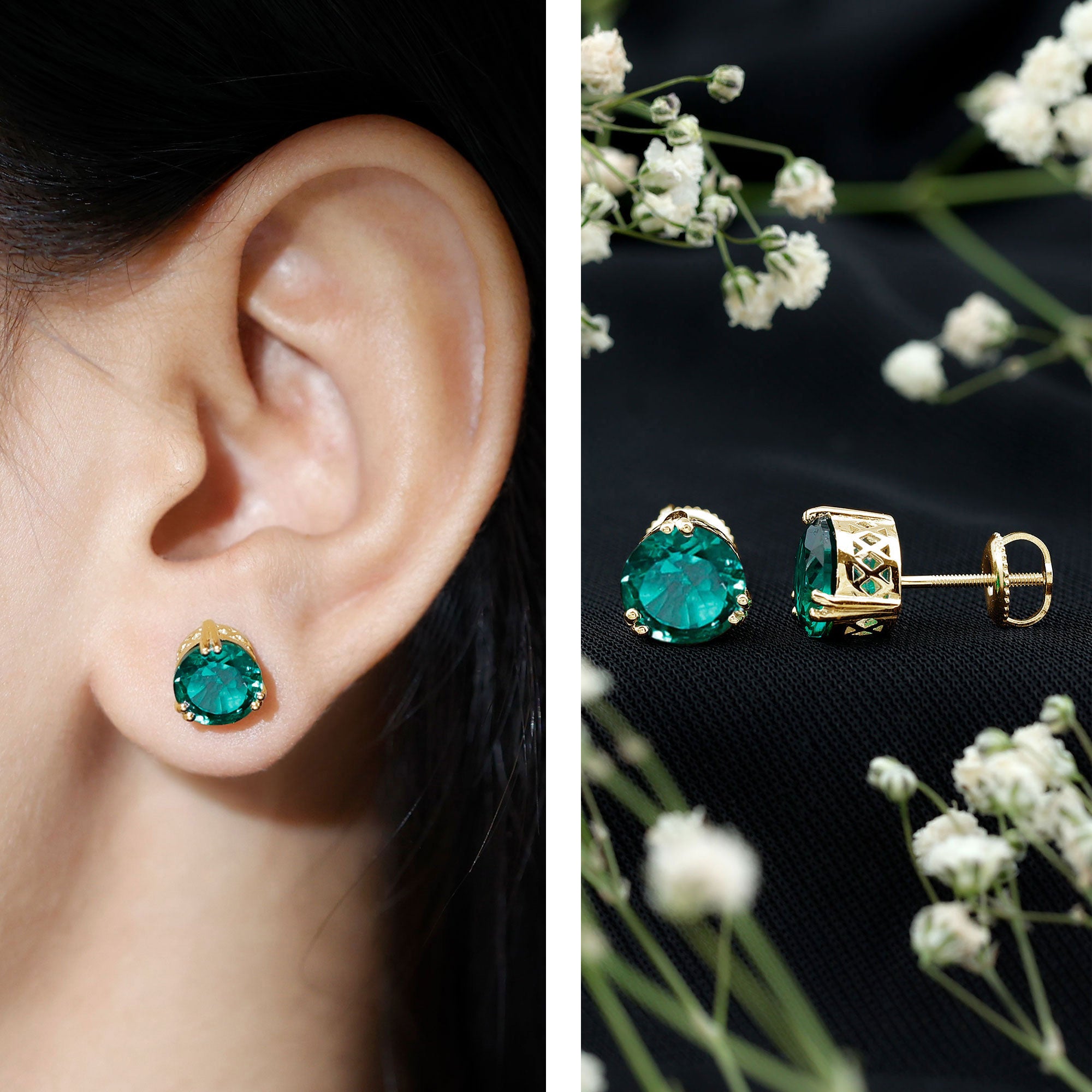 Certified 4.3 Carat Lab Grown Emerald Stud Earrings with Screw back AAAA - Rosec Jewels