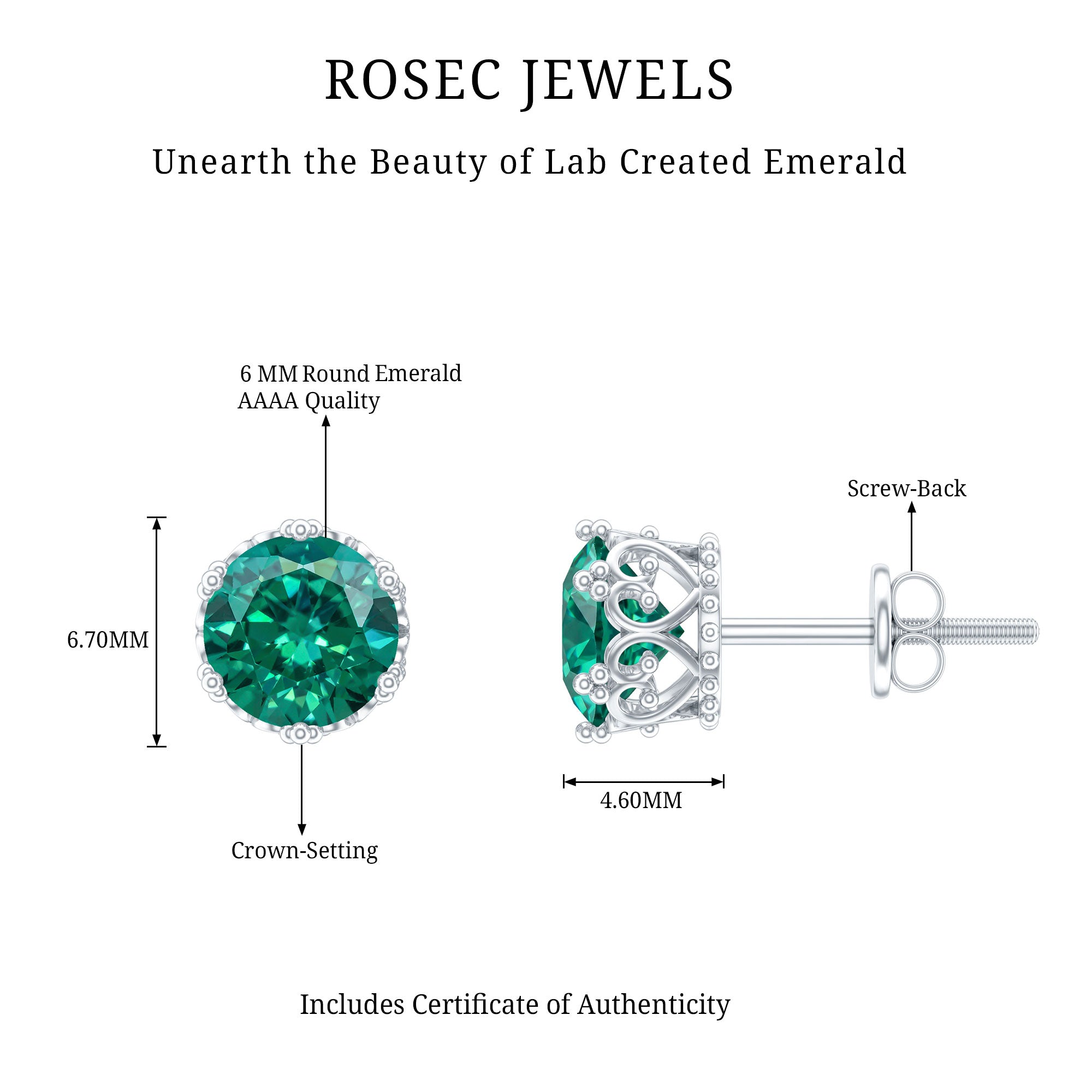 Solitaire Lab Created Emerald Stud Earrings in Crown Setting AAAA - Rosec Jewels
