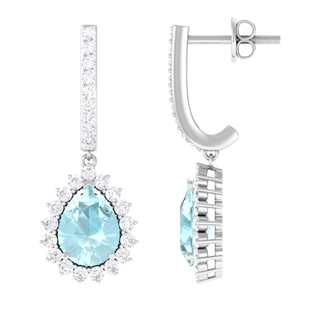 Pear Shaped Sky Blue Topaz Halo Bridal Drop Earrings