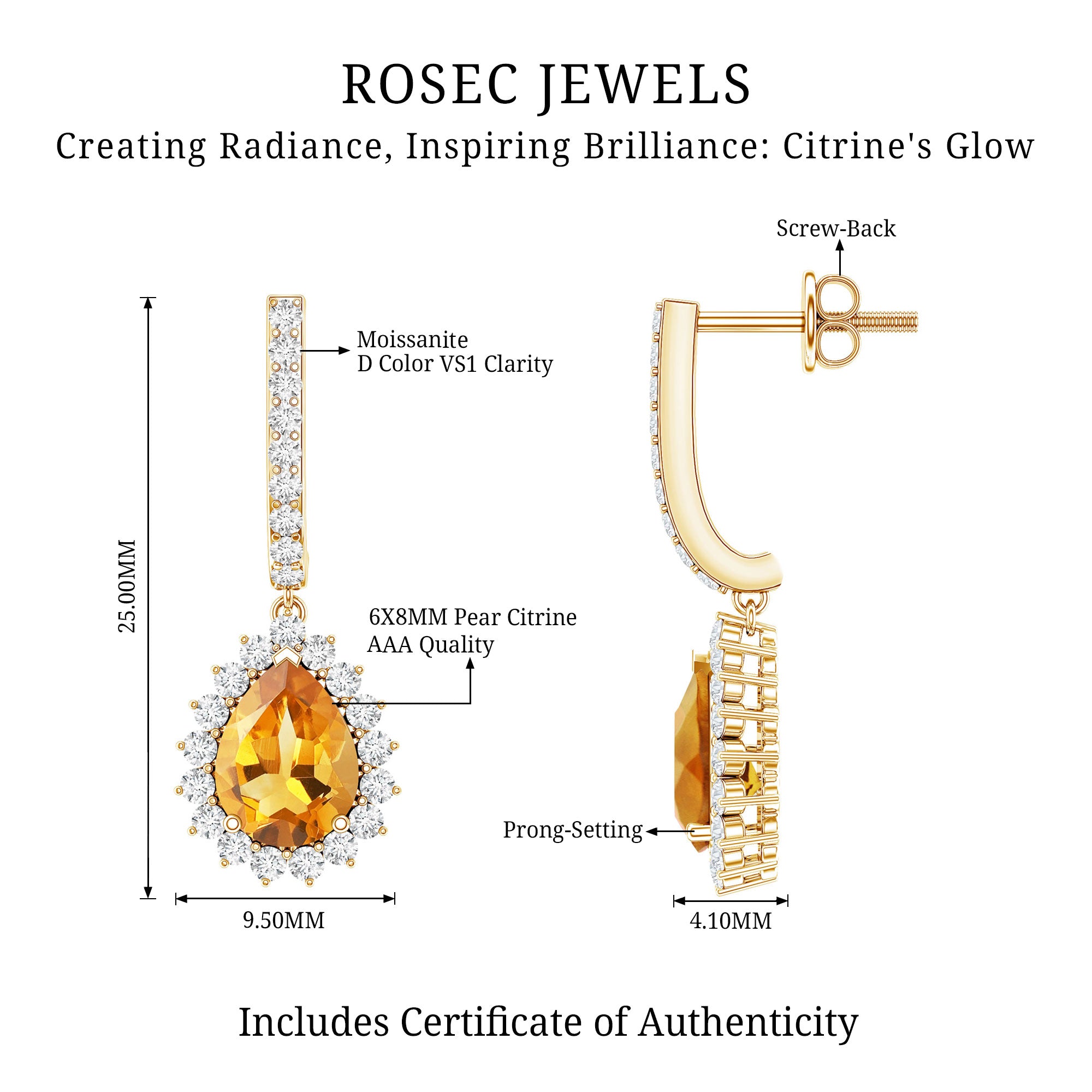 Genuine 6X8mm Pear Shape Citrine Drop Earrings with Moissanite AAA - Rosec Jewels
