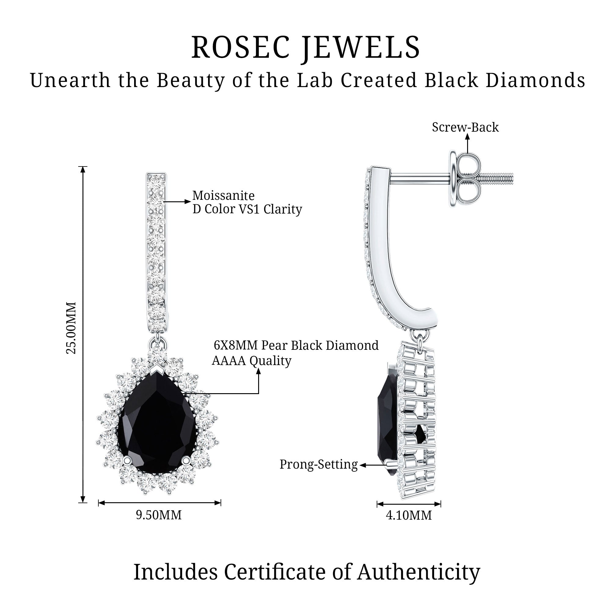 Lab Created Black Diamond Teardrop Hoop Earrings AAAA ( Synthetic ) - Rosec Jewels
