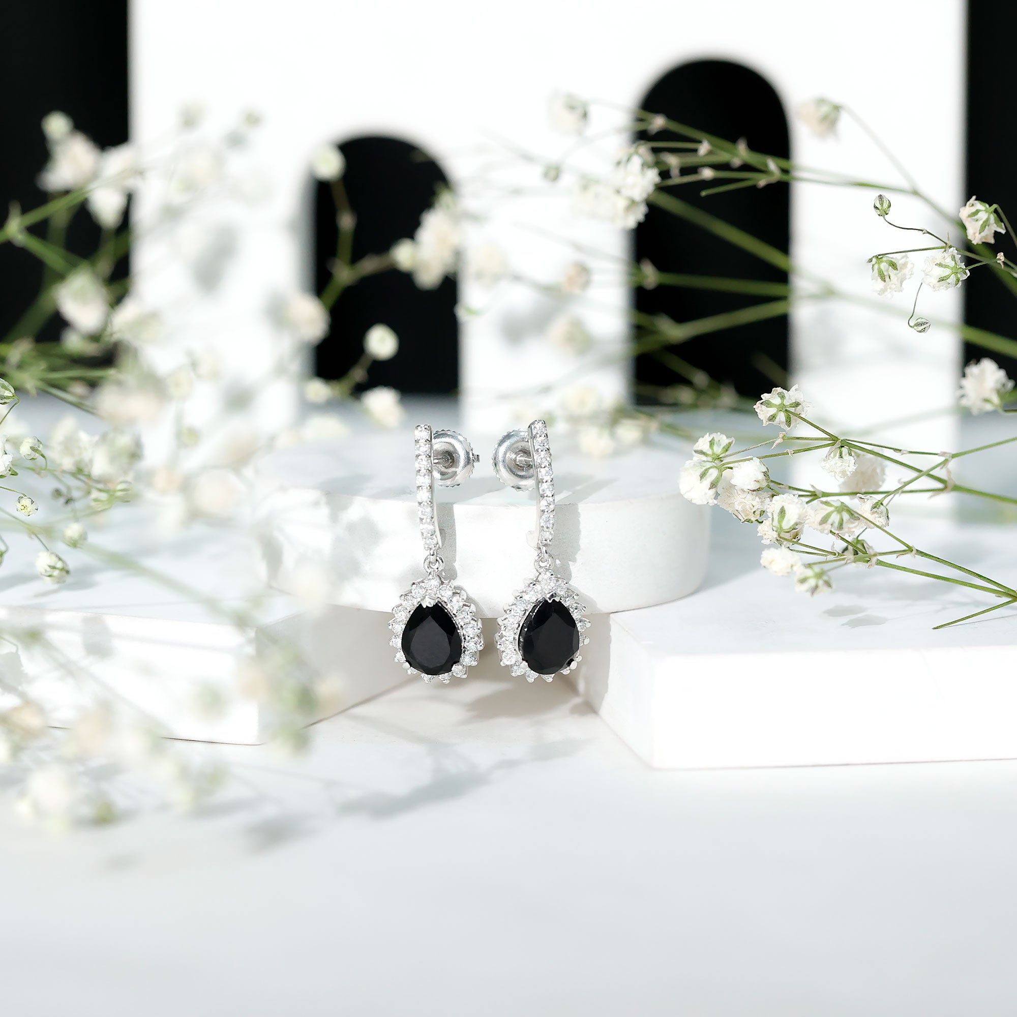 Lab Created Black Diamond Teardrop Hoop Earrings AAAA ( Synthetic ) - Rosec Jewels