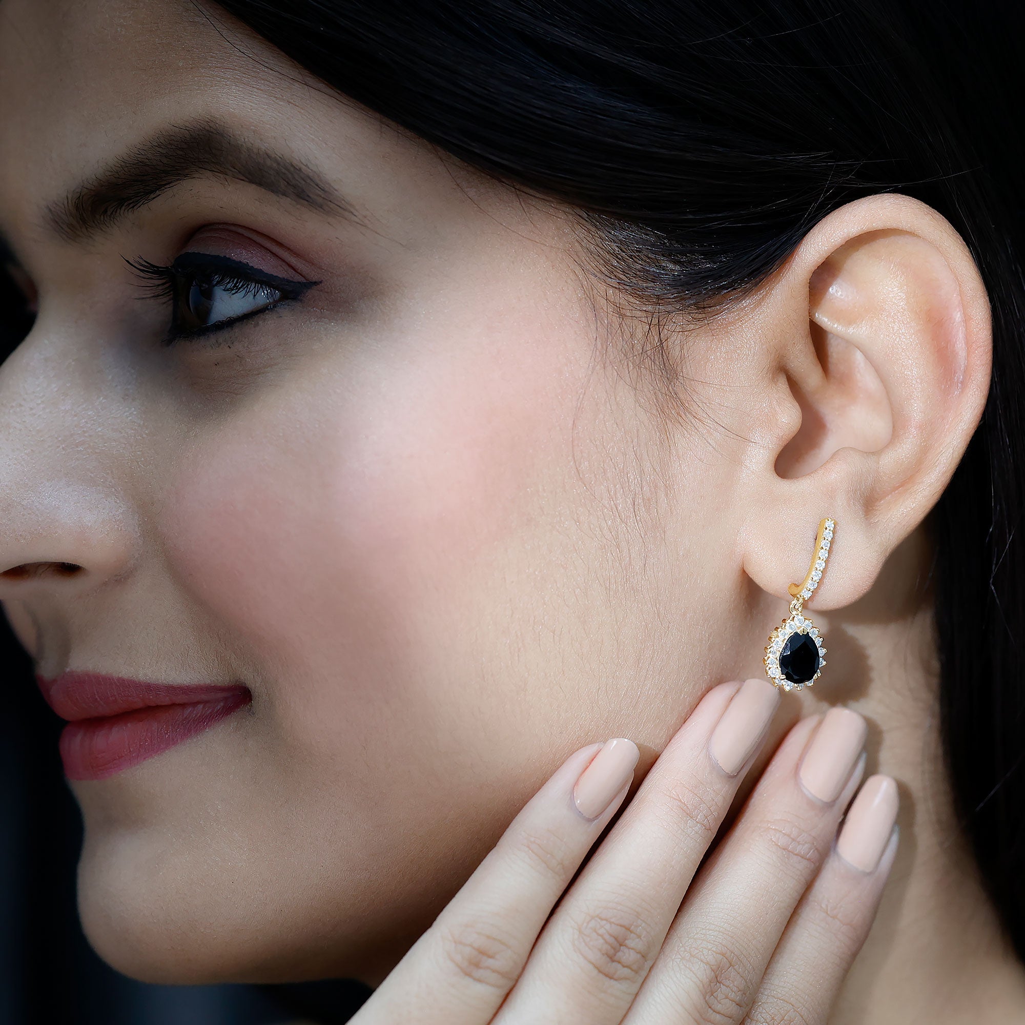 Lab Created Black Diamond Teardrop Hoop Earrings AAAA ( Synthetic ) - Rosec Jewels
