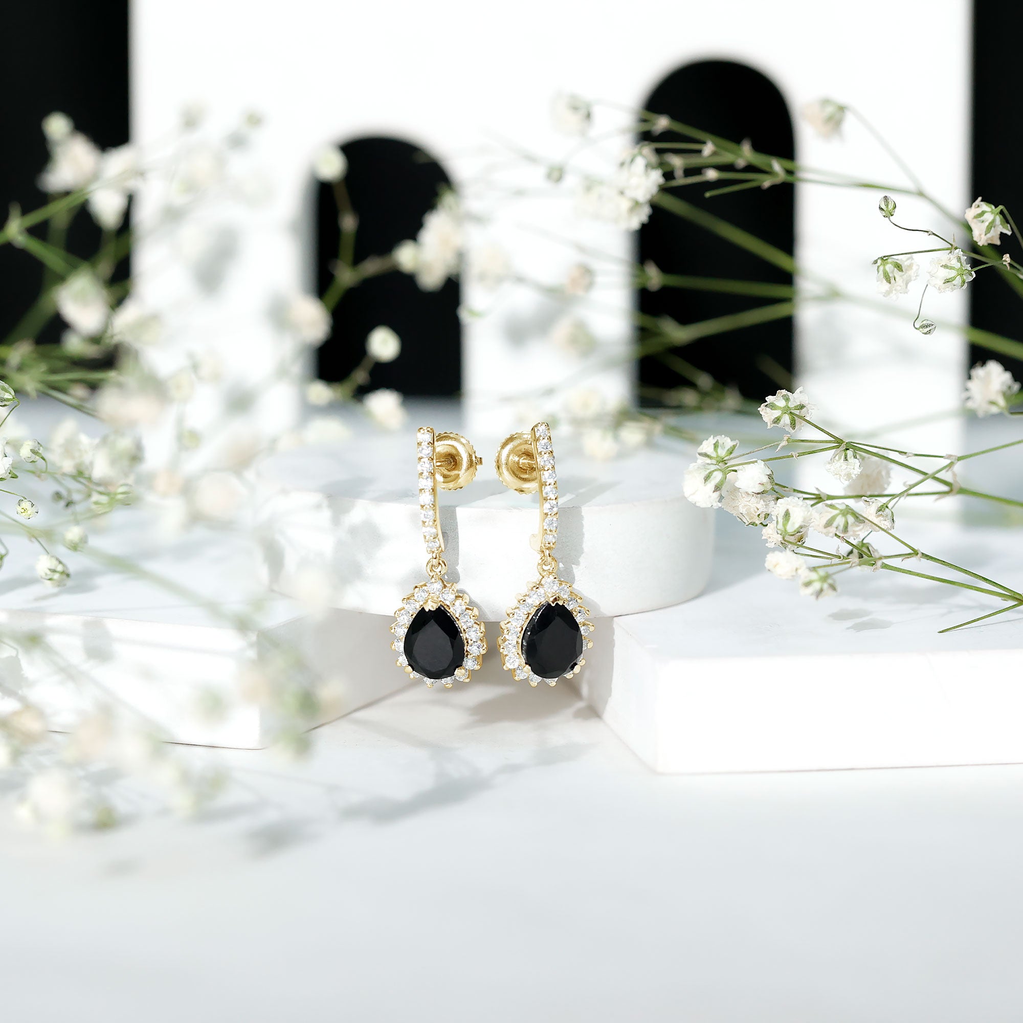 Lab Created Black Diamond Teardrop Hoop Earrings AAAA ( Synthetic ) - Rosec Jewels