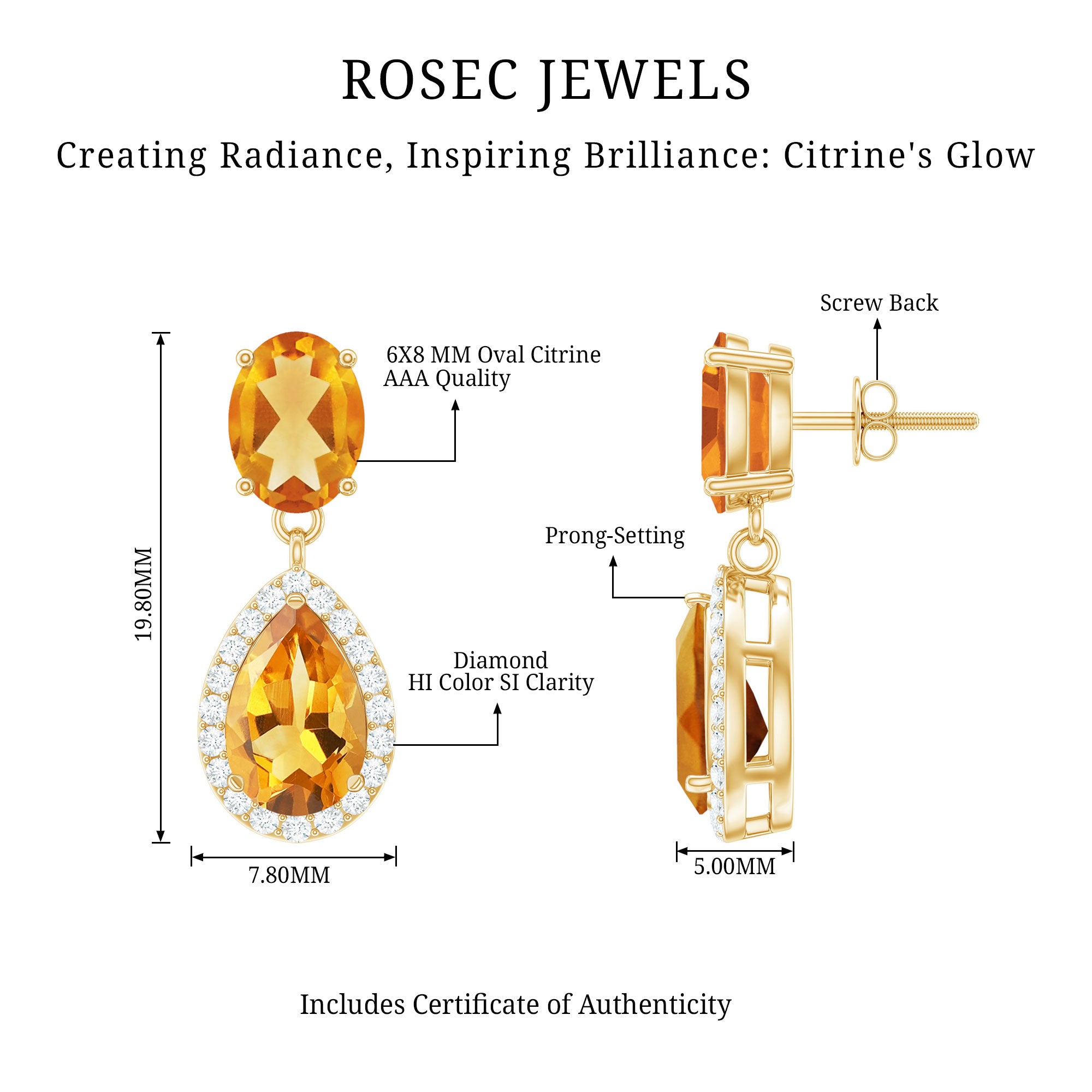 Natural 4.2 Carat Citrine and Diamond Teardrop Earrings AAA - Rosec Jewels