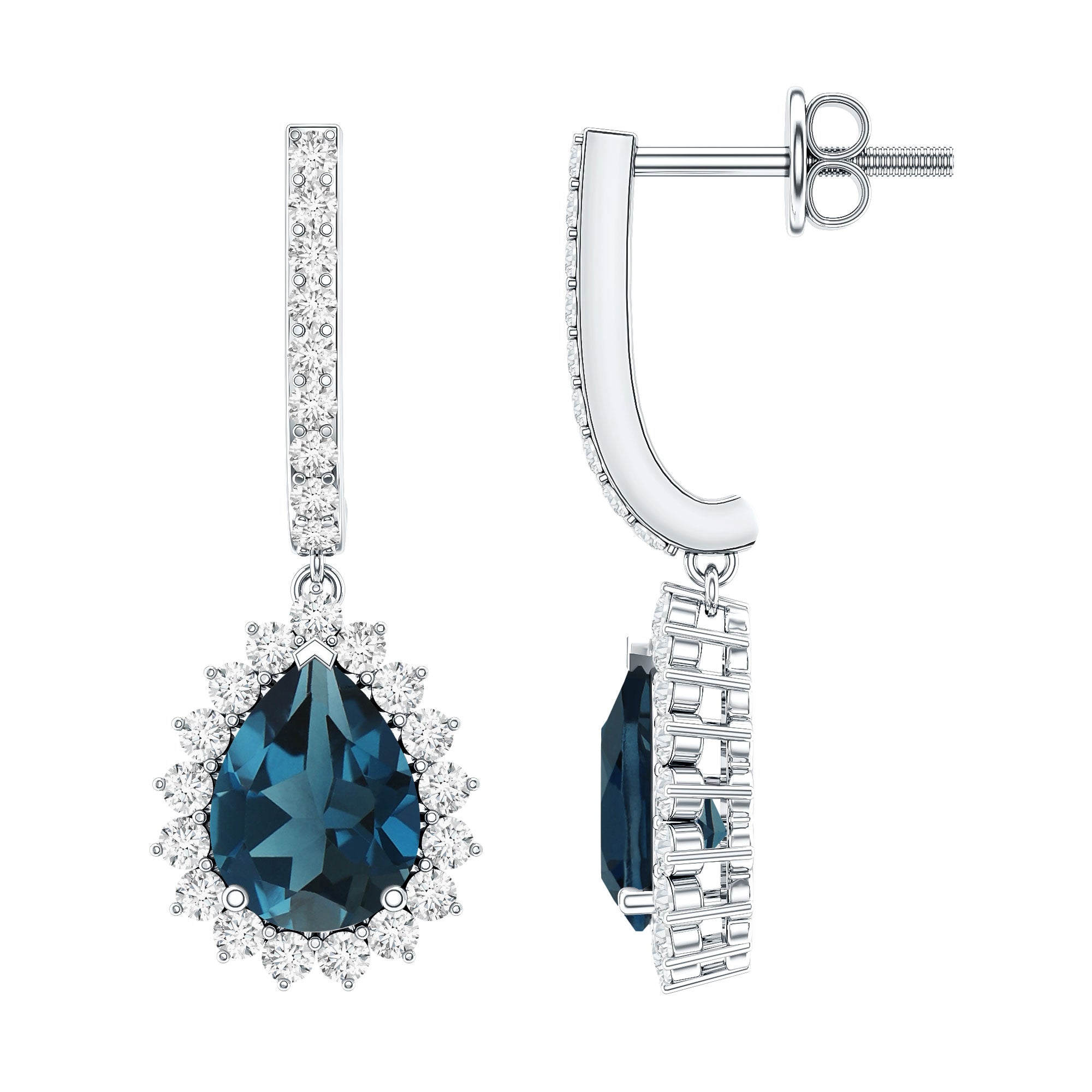 London Blue Topaz Teardrop Hoop Earrings with Diamond Halo AAA - Rosec Jewels