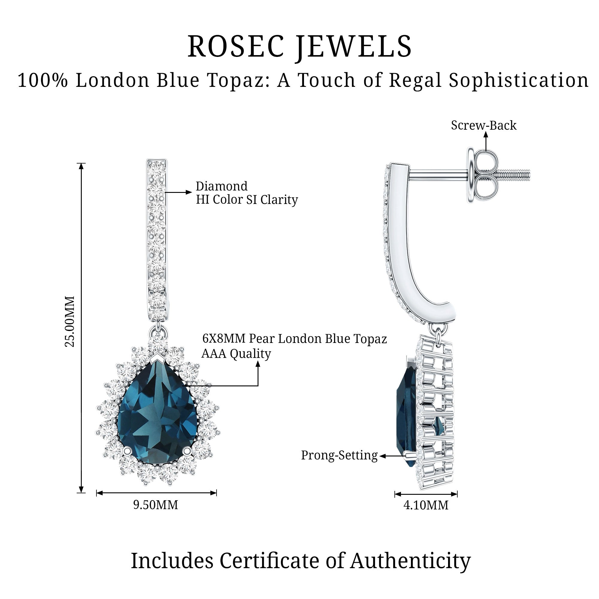 London Blue Topaz Teardrop Hoop Earrings with Diamond Halo AAA - Rosec Jewels