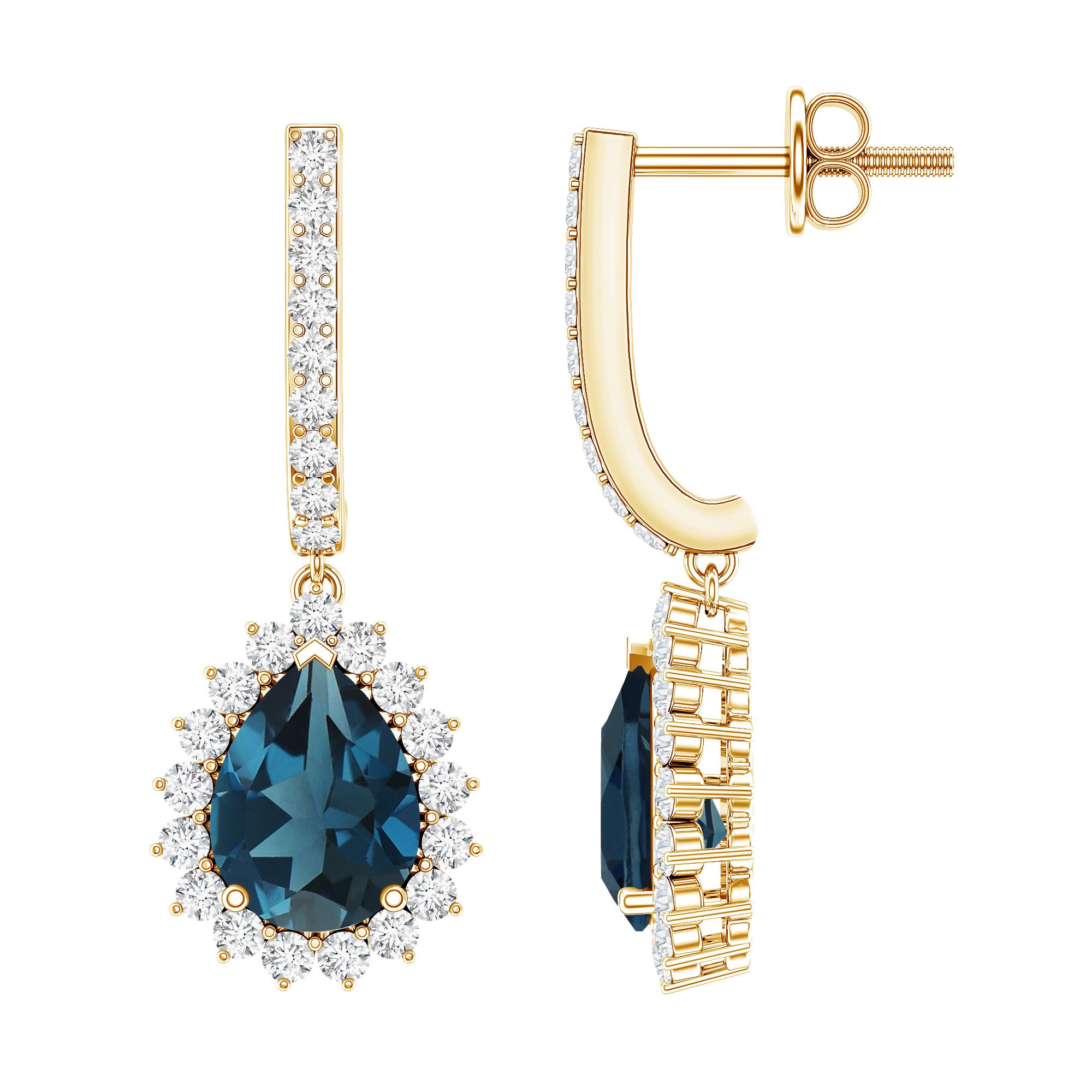 London Blue Topaz Teardrop Hoop Earrings with Diamond Halo AAA - Rosec Jewels