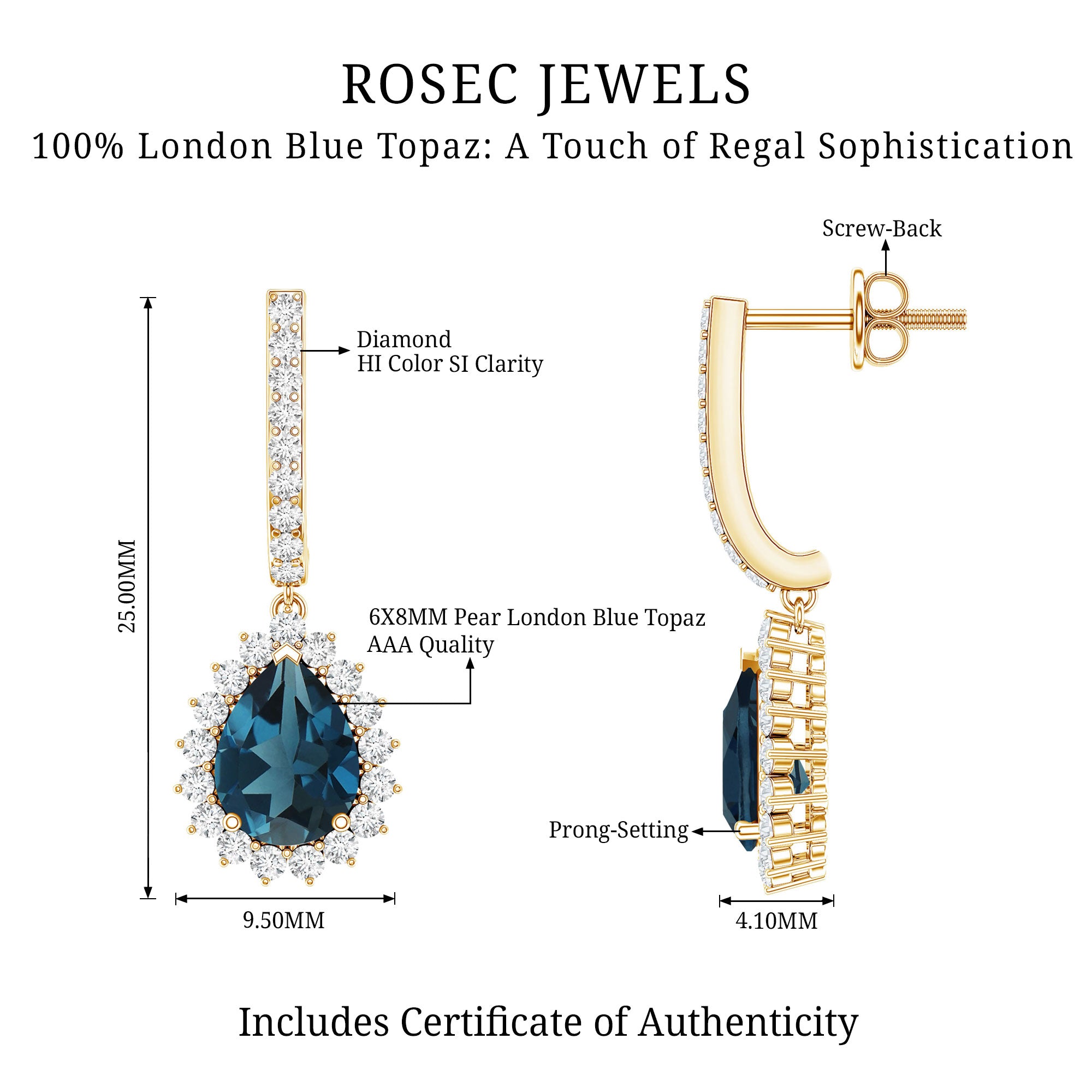 London Blue Topaz Teardrop Hoop Earrings with Diamond Halo AAA - Rosec Jewels