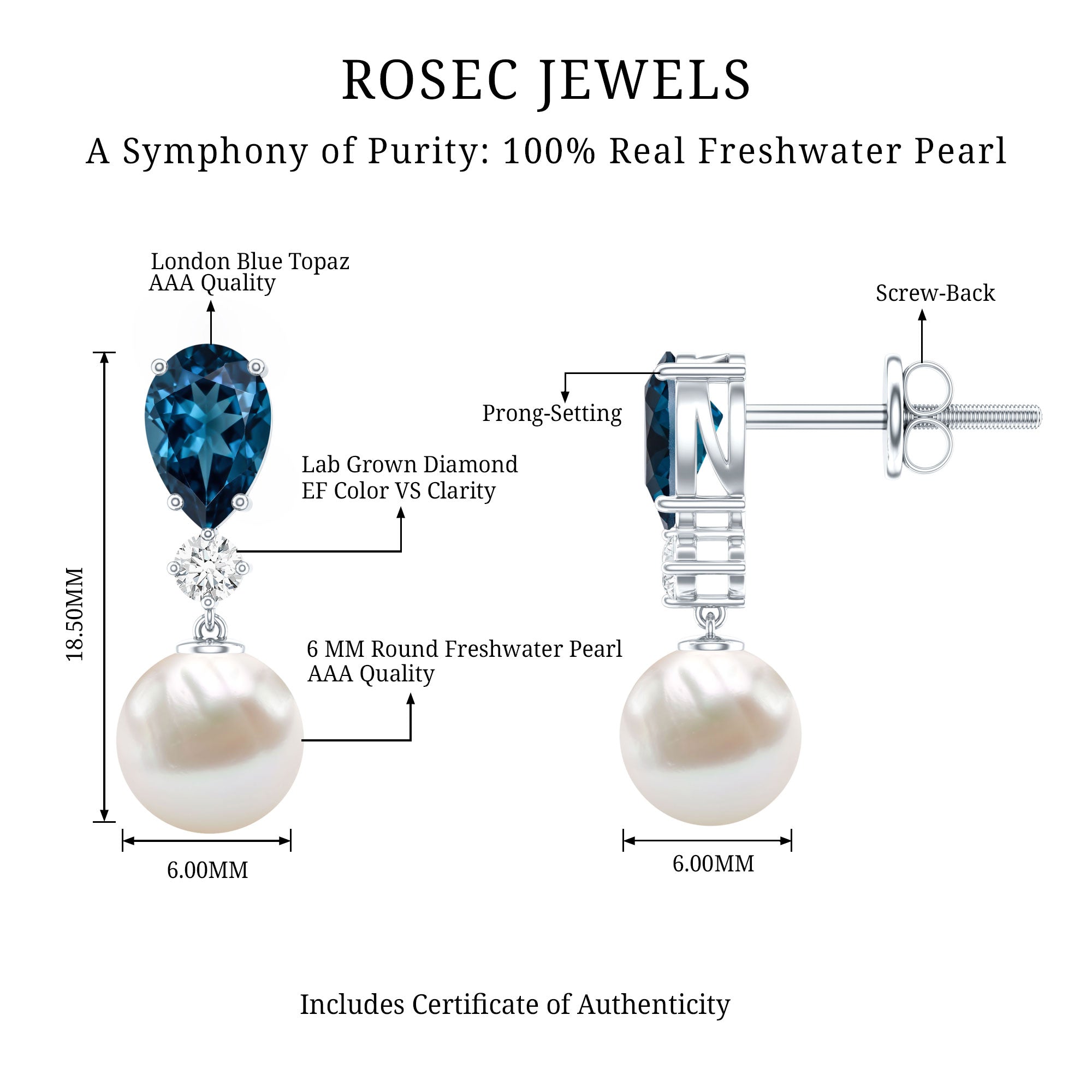 Genuine Freshwater Pearl Drop Earrings With London Blue Topaz AAA - Rosec Jewels