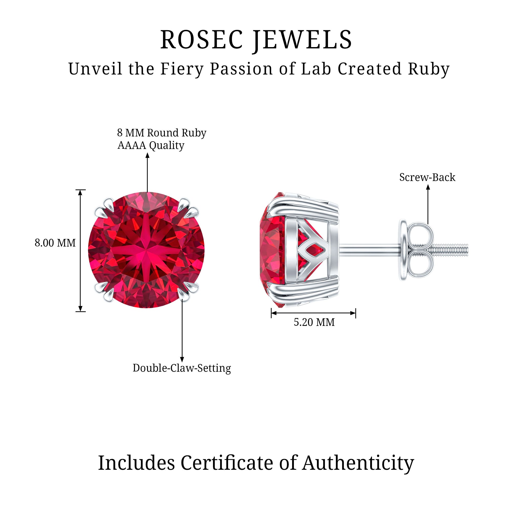 Lab Created Ruby Stud Earring in Double Claw Prong Setting AAAA - Rosec Jewels