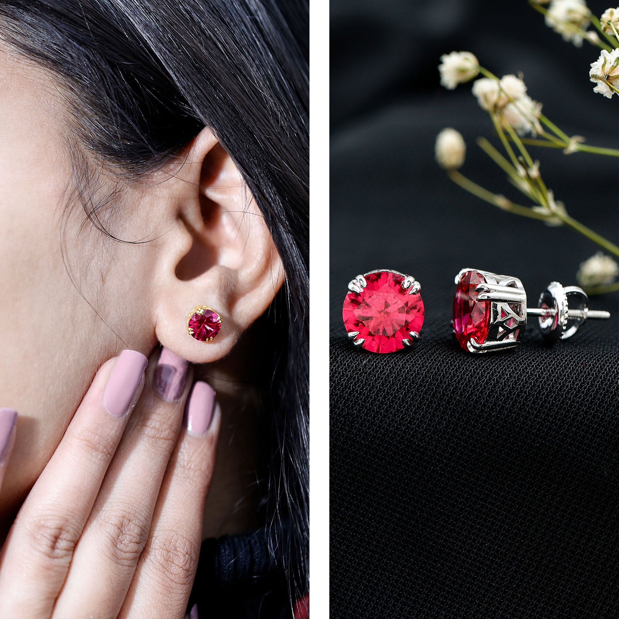 Lab Created Ruby Stud Earring in Double Claw Prong Setting AAAA - Rosec Jewels