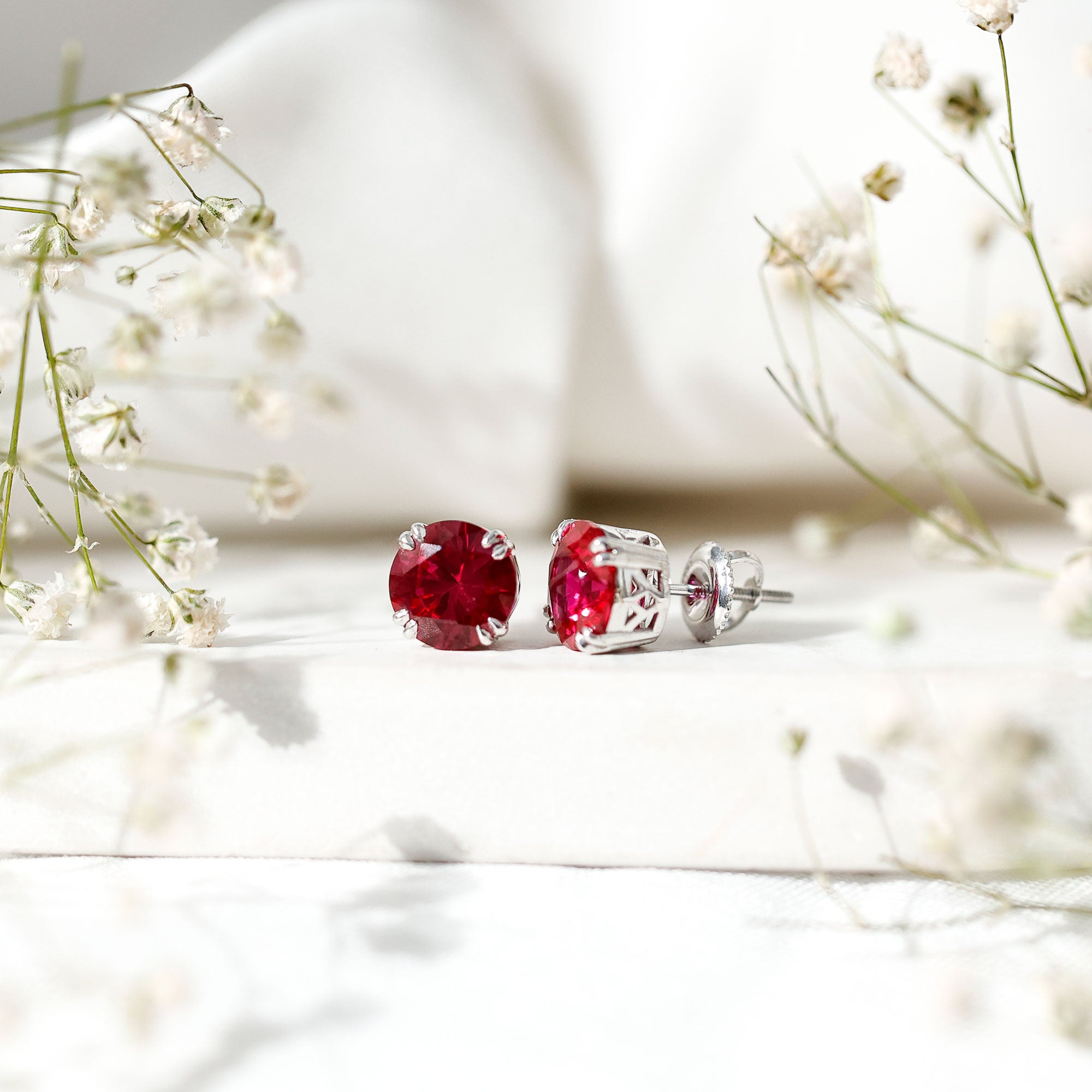 Lab Created Ruby Stud Earring in Double Claw Prong Setting AAAA - Rosec Jewels