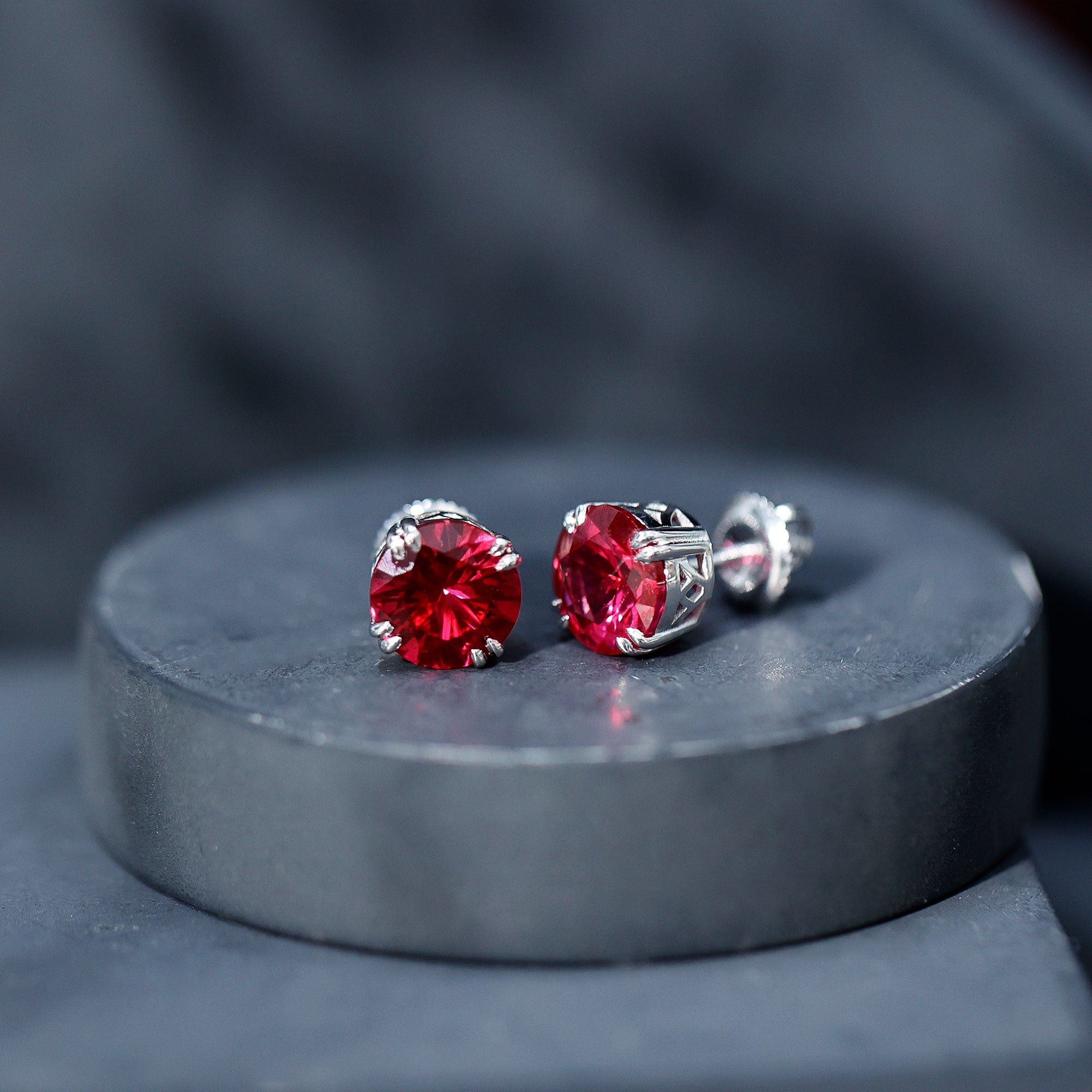Lab Created Ruby Stud Earring in Double Claw Prong Setting AAAA - Rosec Jewels