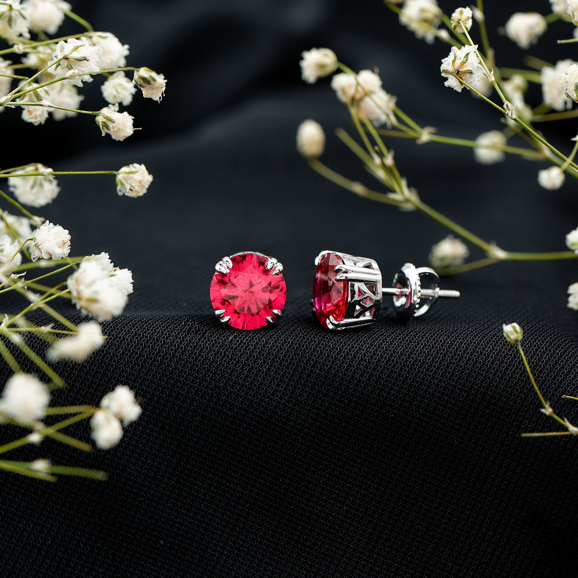 Lab Created Ruby Stud Earring in Double Claw Prong Setting AAAA - Rosec Jewels