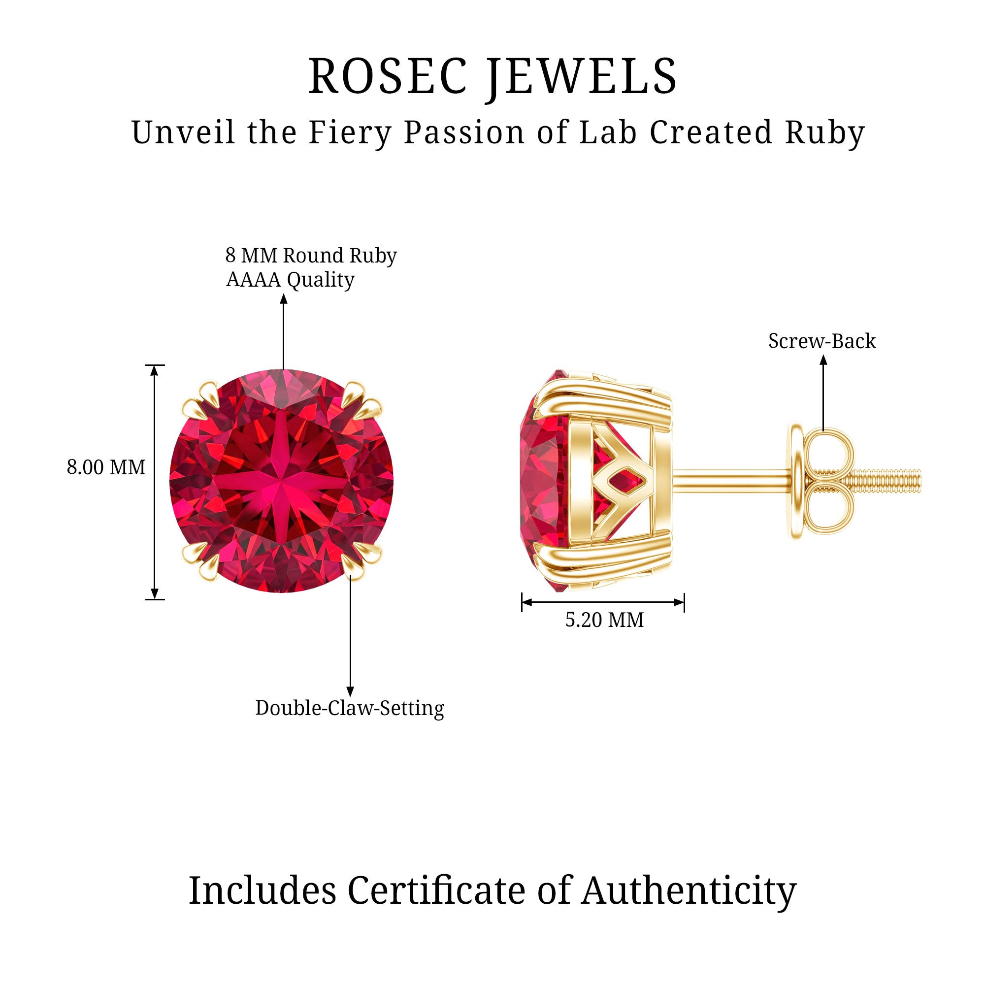 Lab Created Ruby Stud Earring in Double Claw Prong Setting AAAA - Rosec Jewels