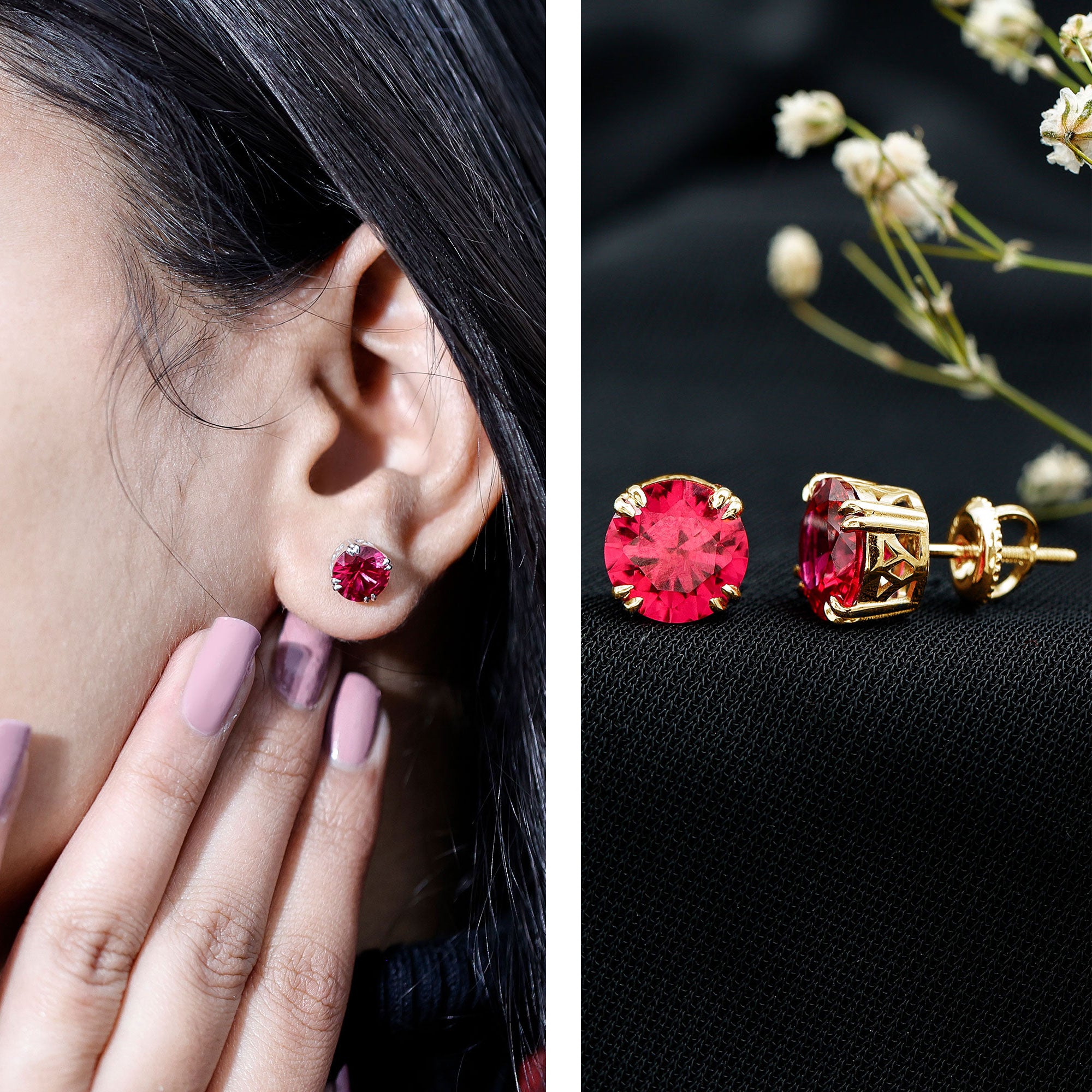 Lab Created Ruby Stud Earring in Double Claw Prong Setting AAAA - Rosec Jewels