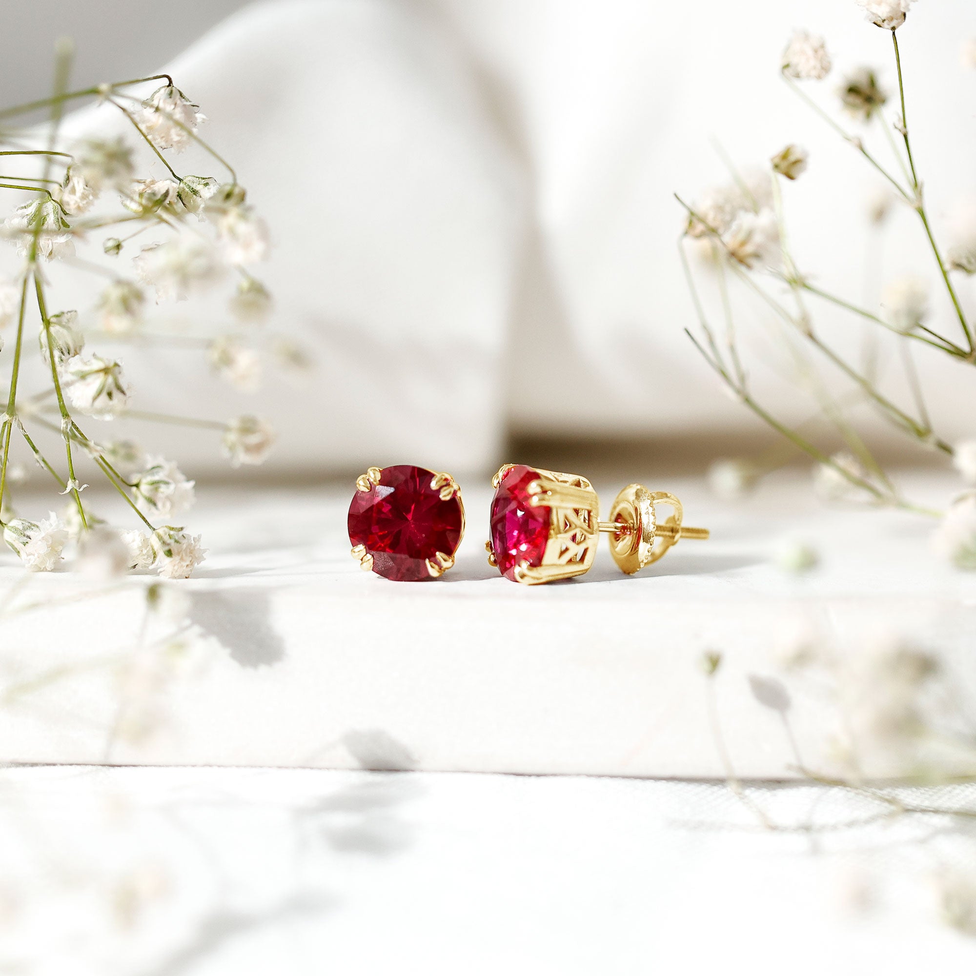Lab Created Ruby Stud Earring in Double Claw Prong Setting AAAA - Rosec Jewels