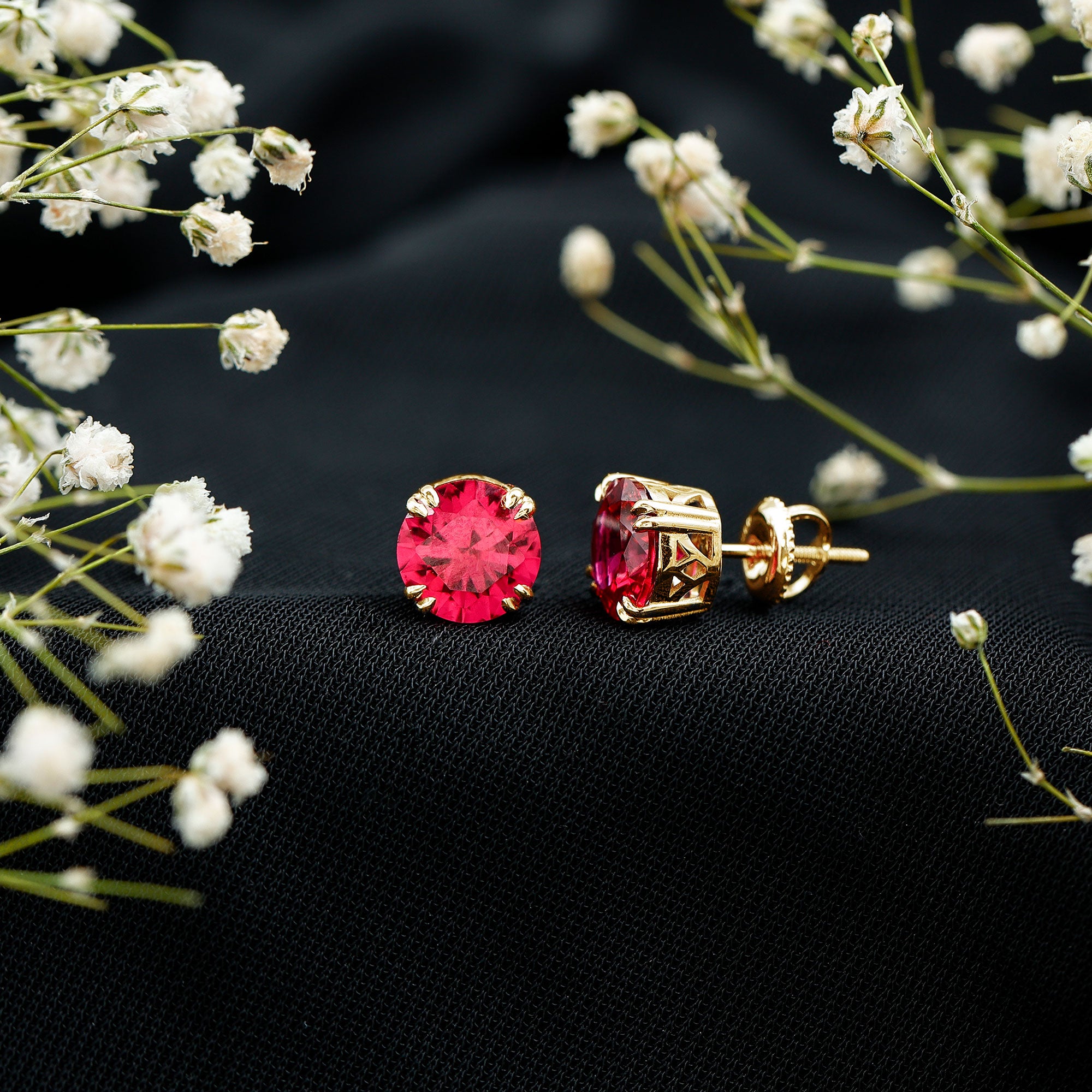 Lab Created Ruby Stud Earring in Double Claw Prong Setting AAAA - Rosec Jewels