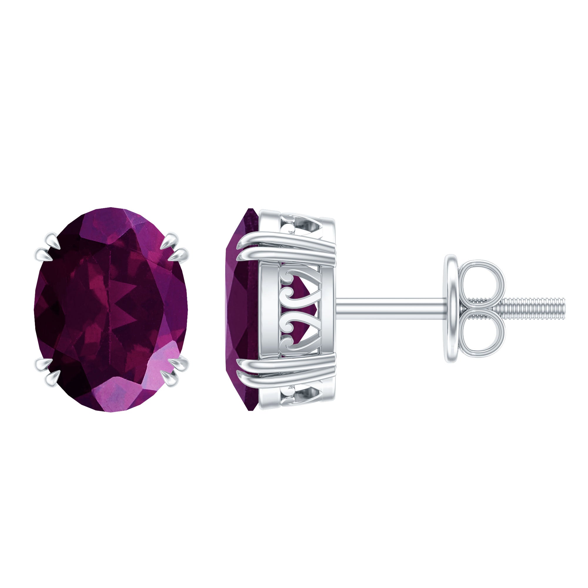 Oval Cut Rhodolite Solitaire Stud Earrings in Double Claw Setting