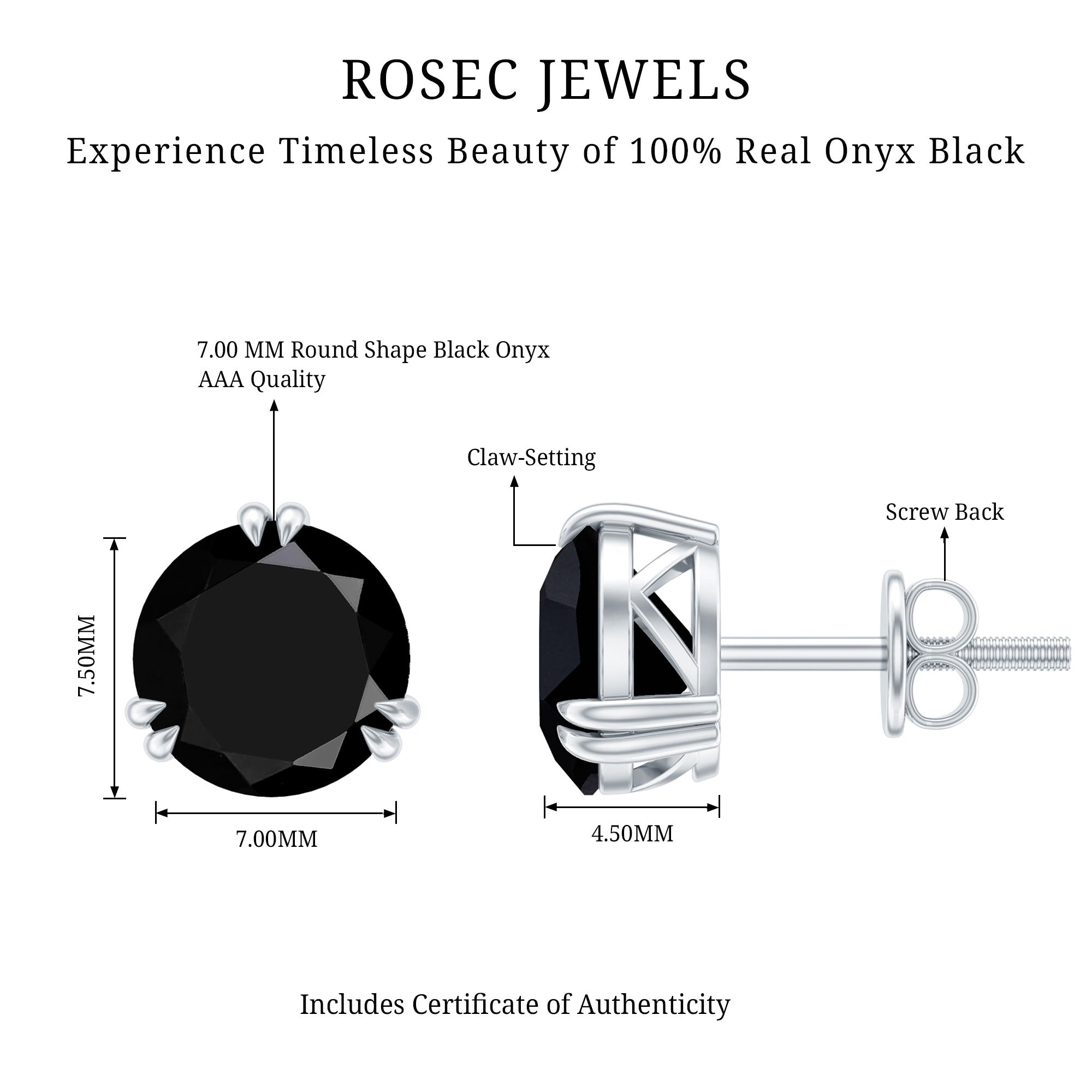 Black Onyx Solitaire Stud Earring in Claw Setting AAA - Rosec Jewels
