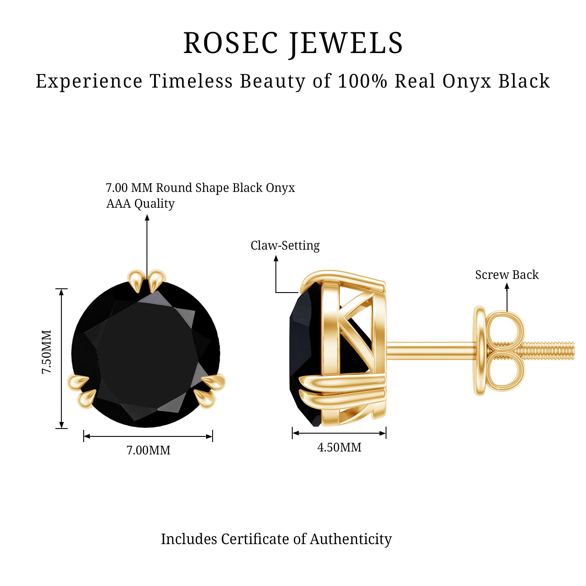 Black Onyx Solitaire Stud Earring in Claw Setting AAA - Rosec Jewels