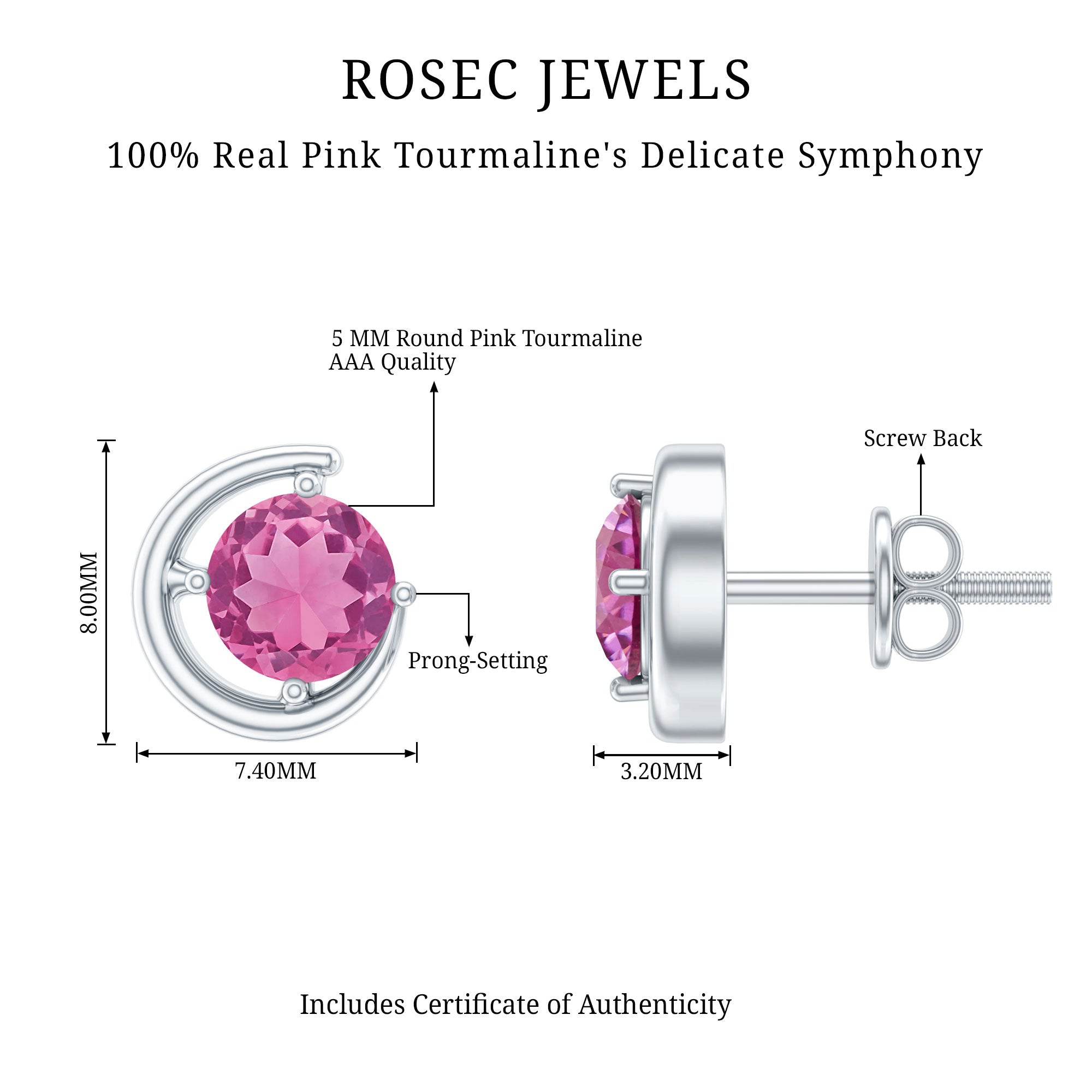 Genuine 1 Carat Pink Tourmaline Solitaire Stud Earrings AAA - Rosec Jewels