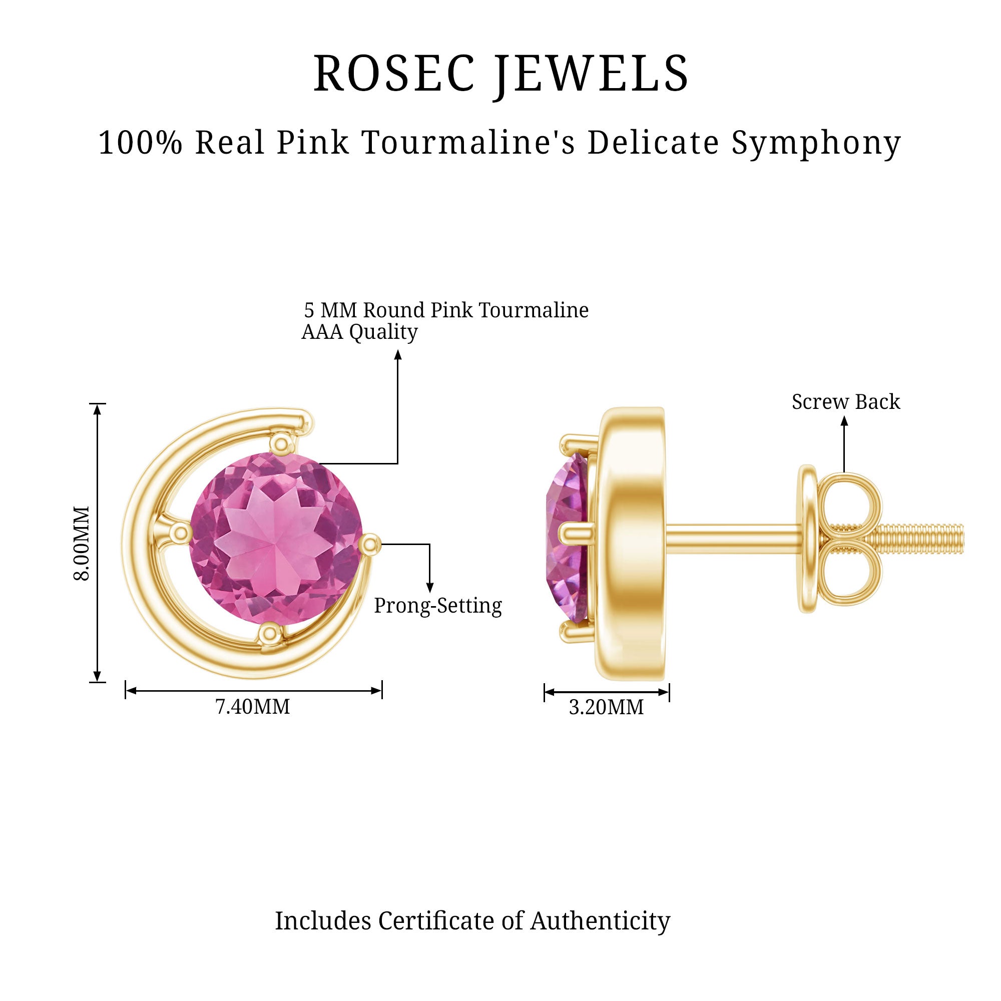 Genuine 1 Carat Pink Tourmaline Solitaire Stud Earrings AAA - Rosec Jewels