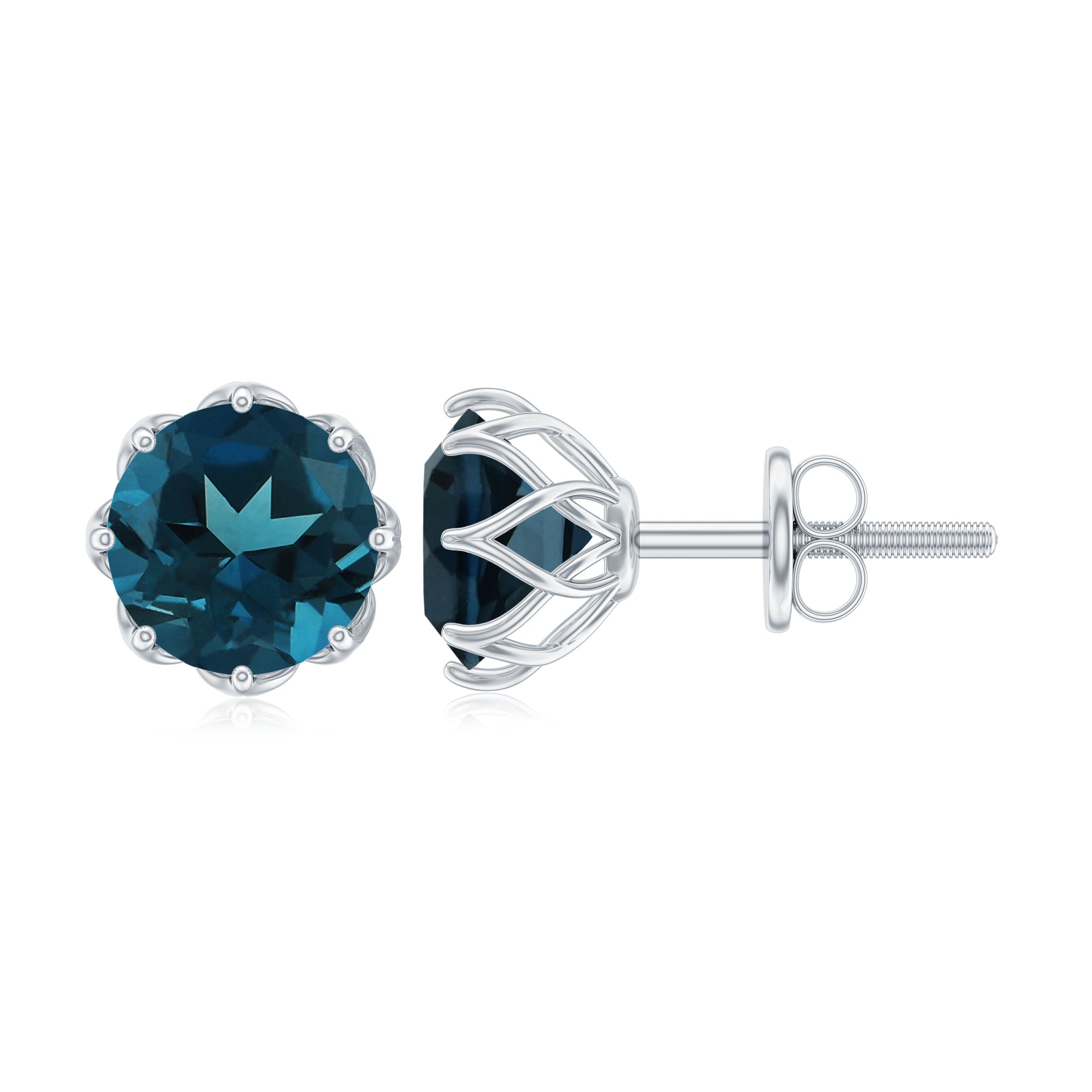 Genuine 7MM London Blue Topaz Solitaire Stud Earrings With Certificate AAA - Rosec Jewels