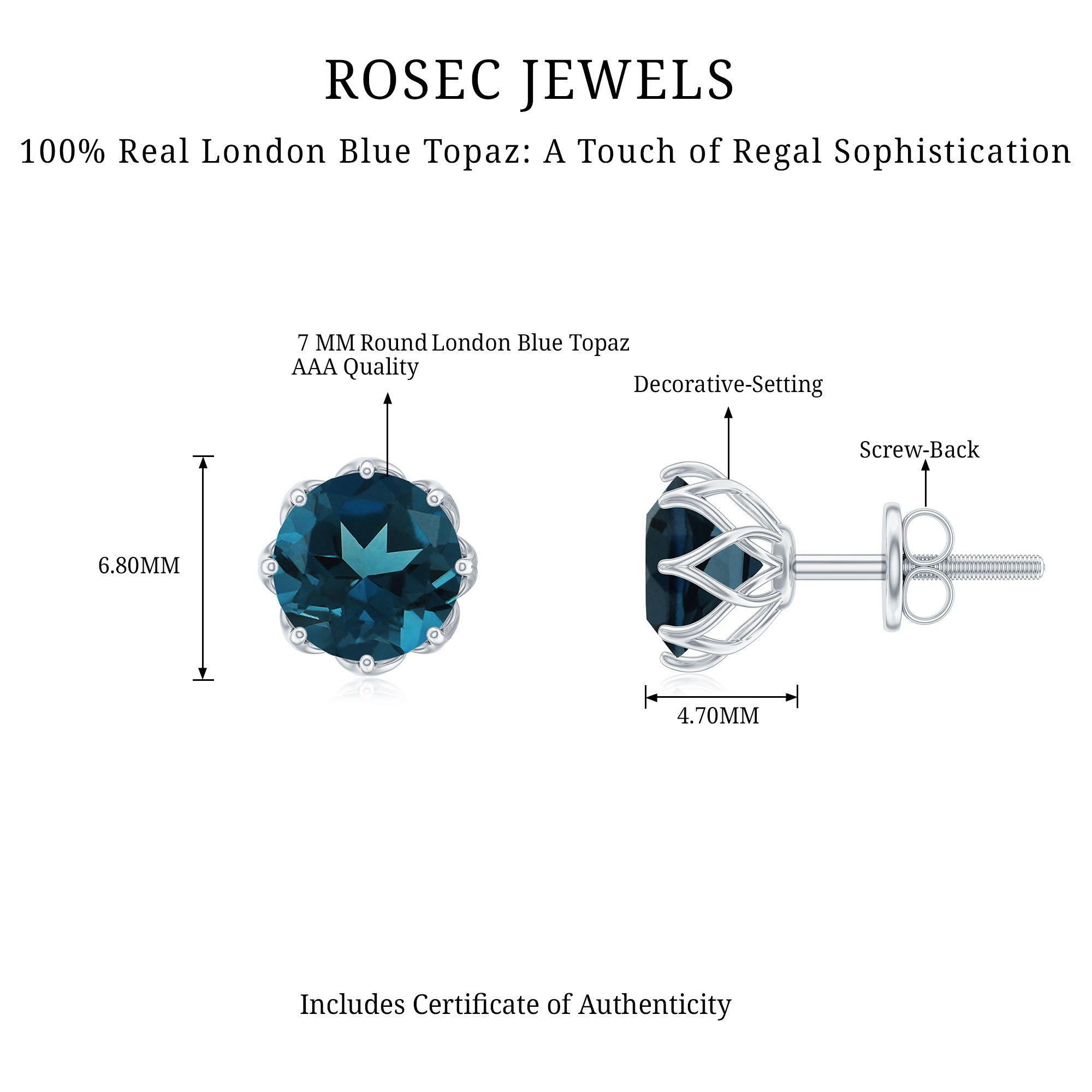 Genuine 7MM London Blue Topaz Solitaire Stud Earrings With Certificate AAA - Rosec Jewels