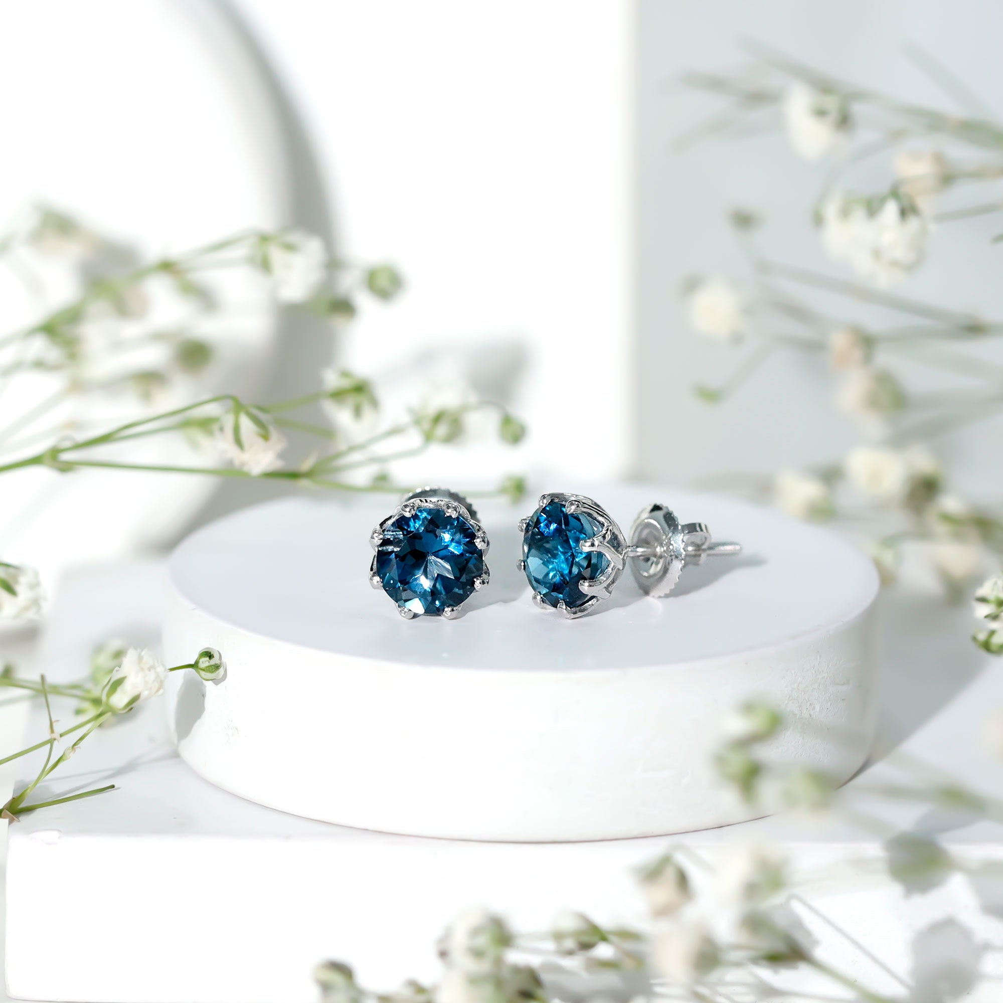 Genuine 7MM London Blue Topaz Solitaire Stud Earrings With Certificate AAA - Rosec Jewels