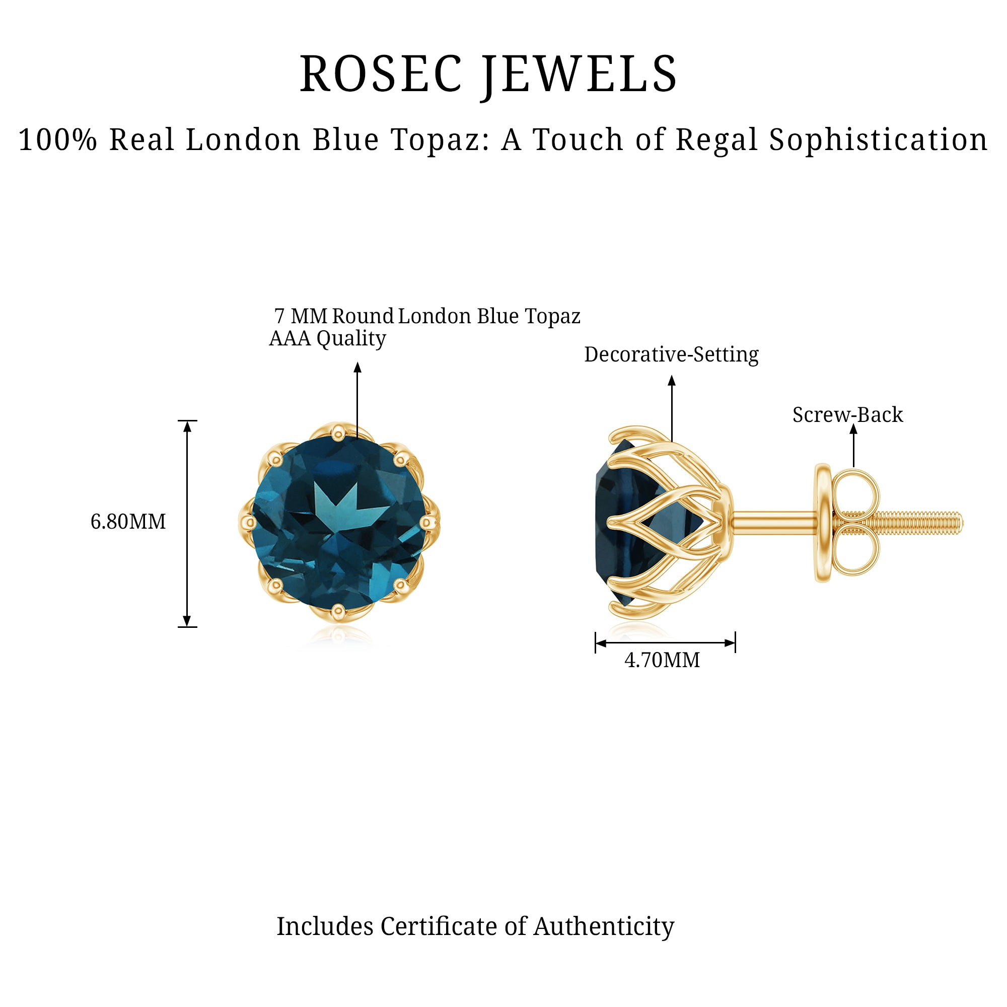 Genuine 7MM London Blue Topaz Solitaire Stud Earrings With Certificate AAA - Rosec Jewels