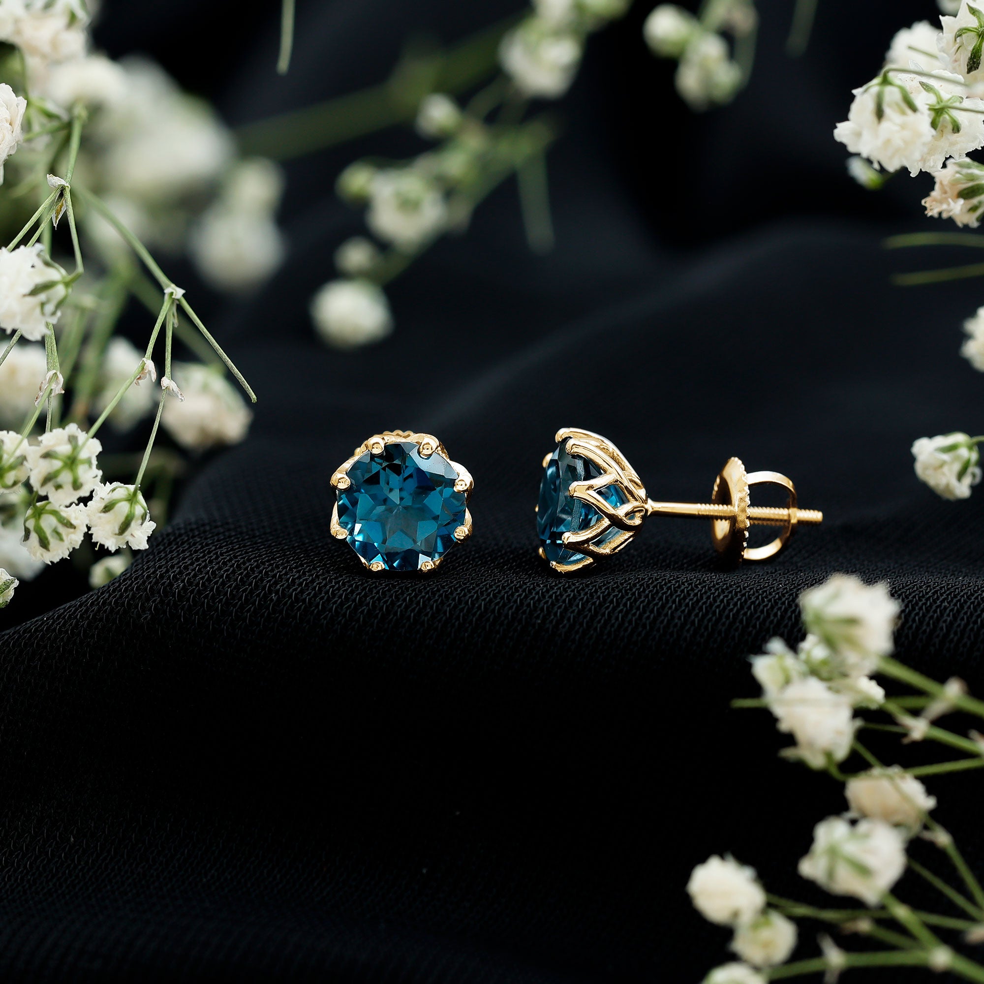 Genuine 7MM London Blue Topaz Solitaire Stud Earrings With Certificate AAA - Rosec Jewels