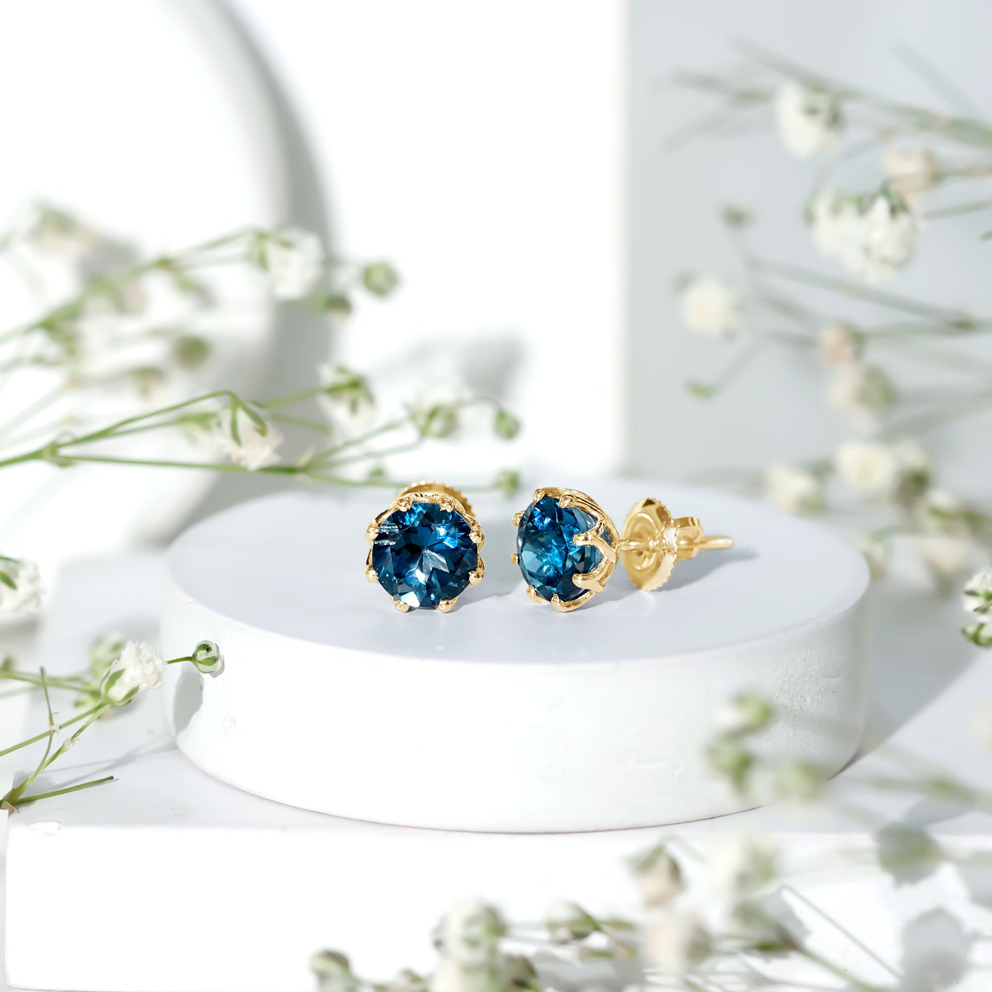 Genuine 7MM London Blue Topaz Solitaire Stud Earrings With Certificate AAA - Rosec Jewels