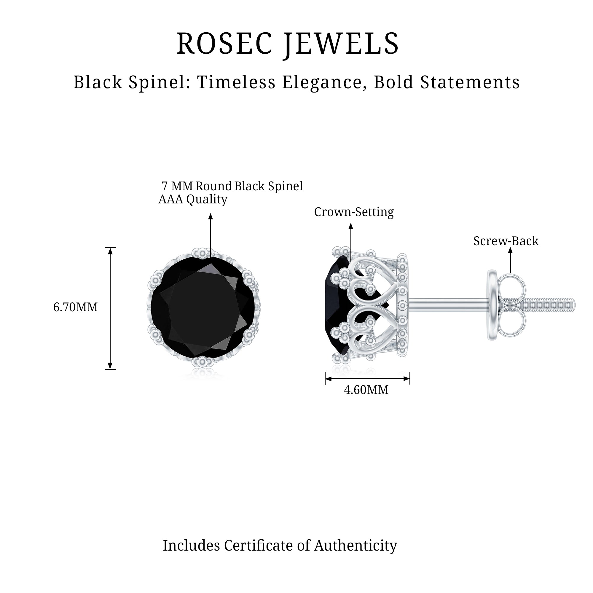 3 Carat Genuine Black Spinel Crown Stud Earrings AAA - Rosec Jewels