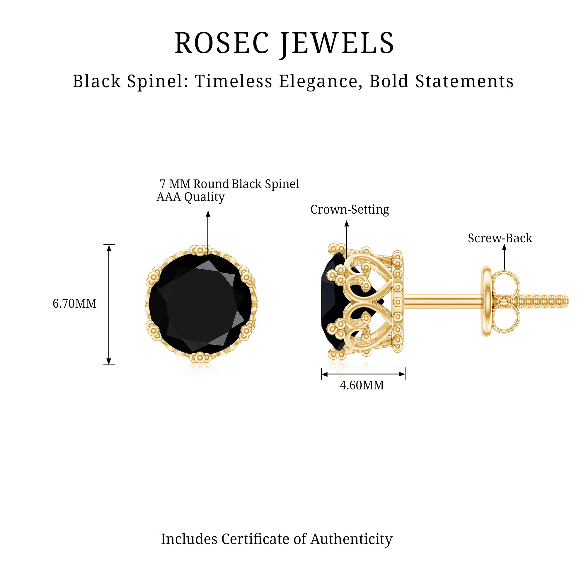 3 Carat Genuine Black Spinel Crown Stud Earrings AAA - Rosec Jewels