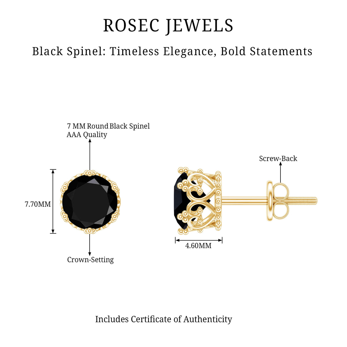 3 Carat Genuine Black Spinel Crown Stud Earrings AAA - Rosec Jewels