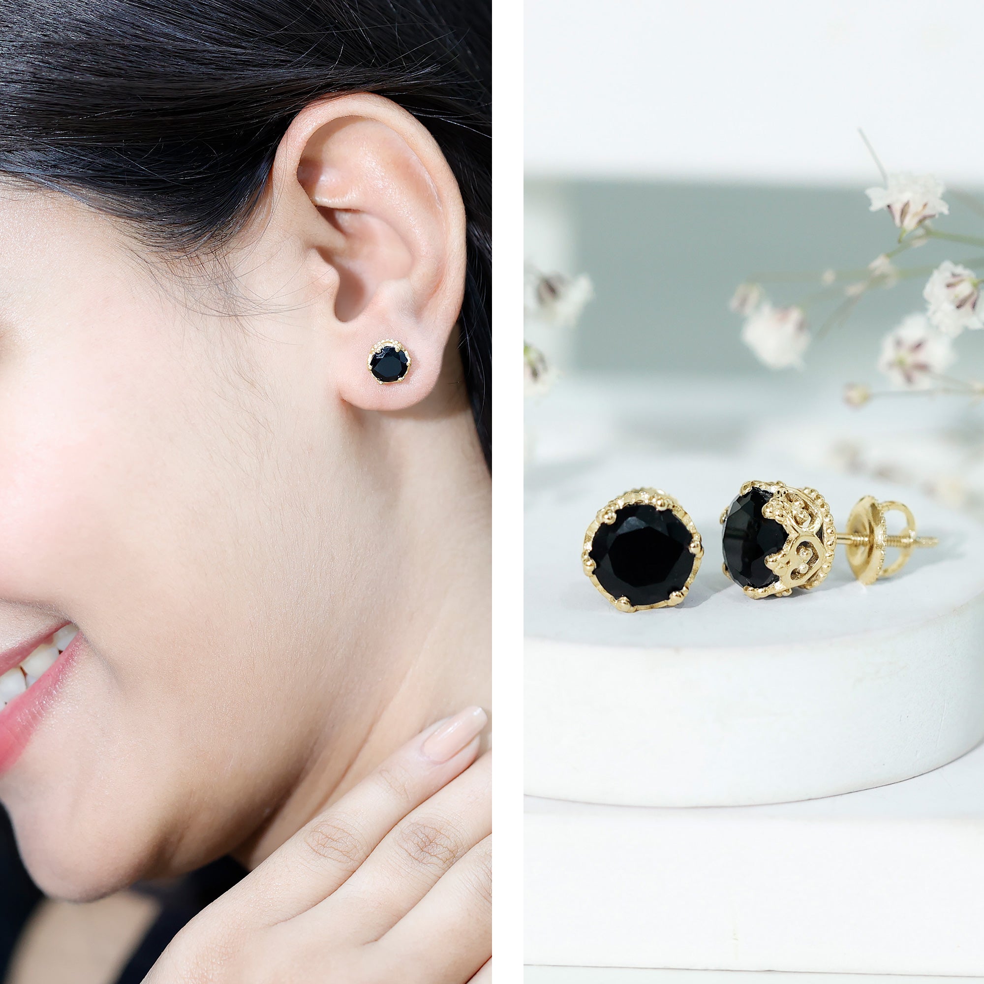 3 Carat Genuine Black Spinel Crown Stud Earrings AAA - Rosec Jewels