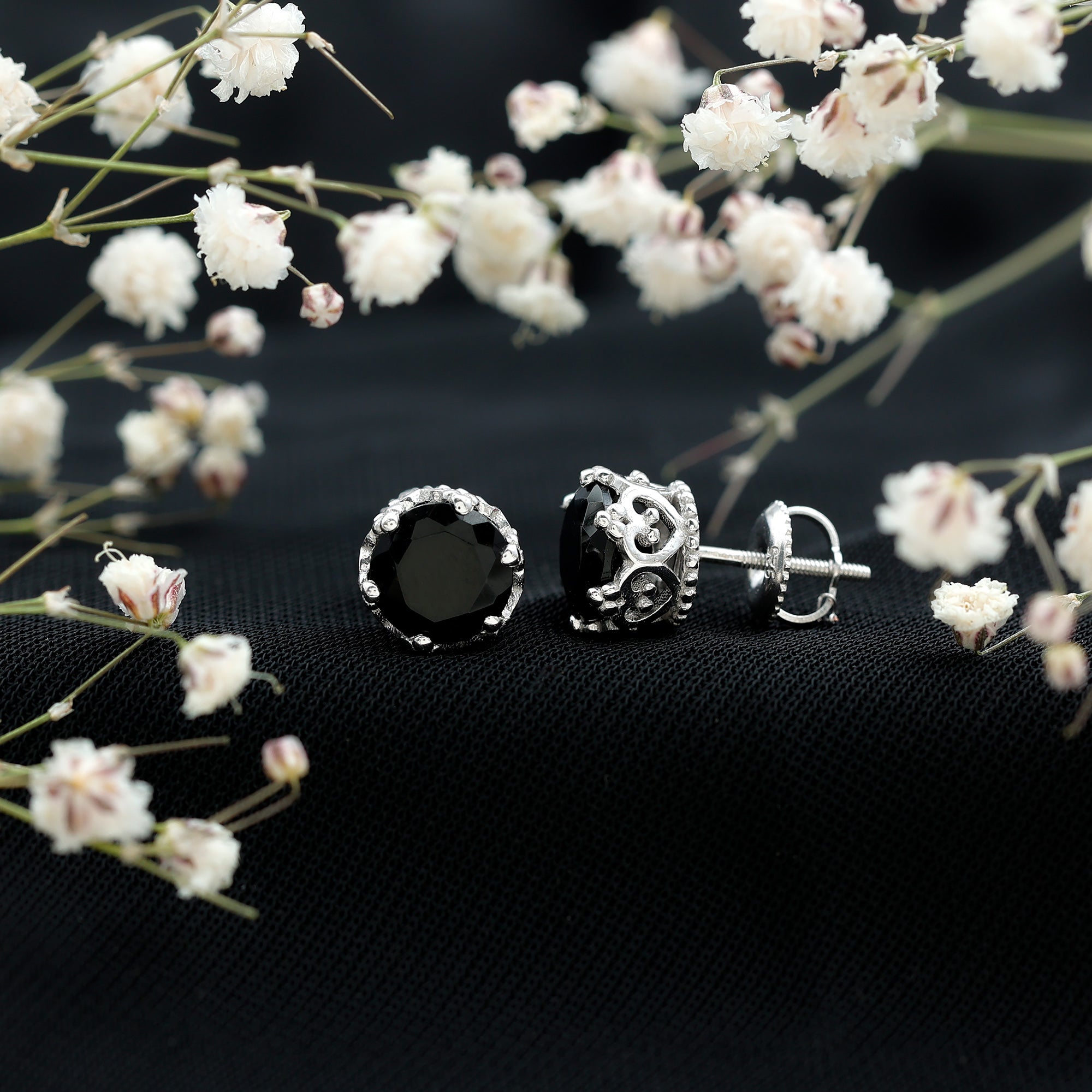 Genuine Black Onyx Crown Stud Earrings with Screw Back AAA - Rosec Jewels