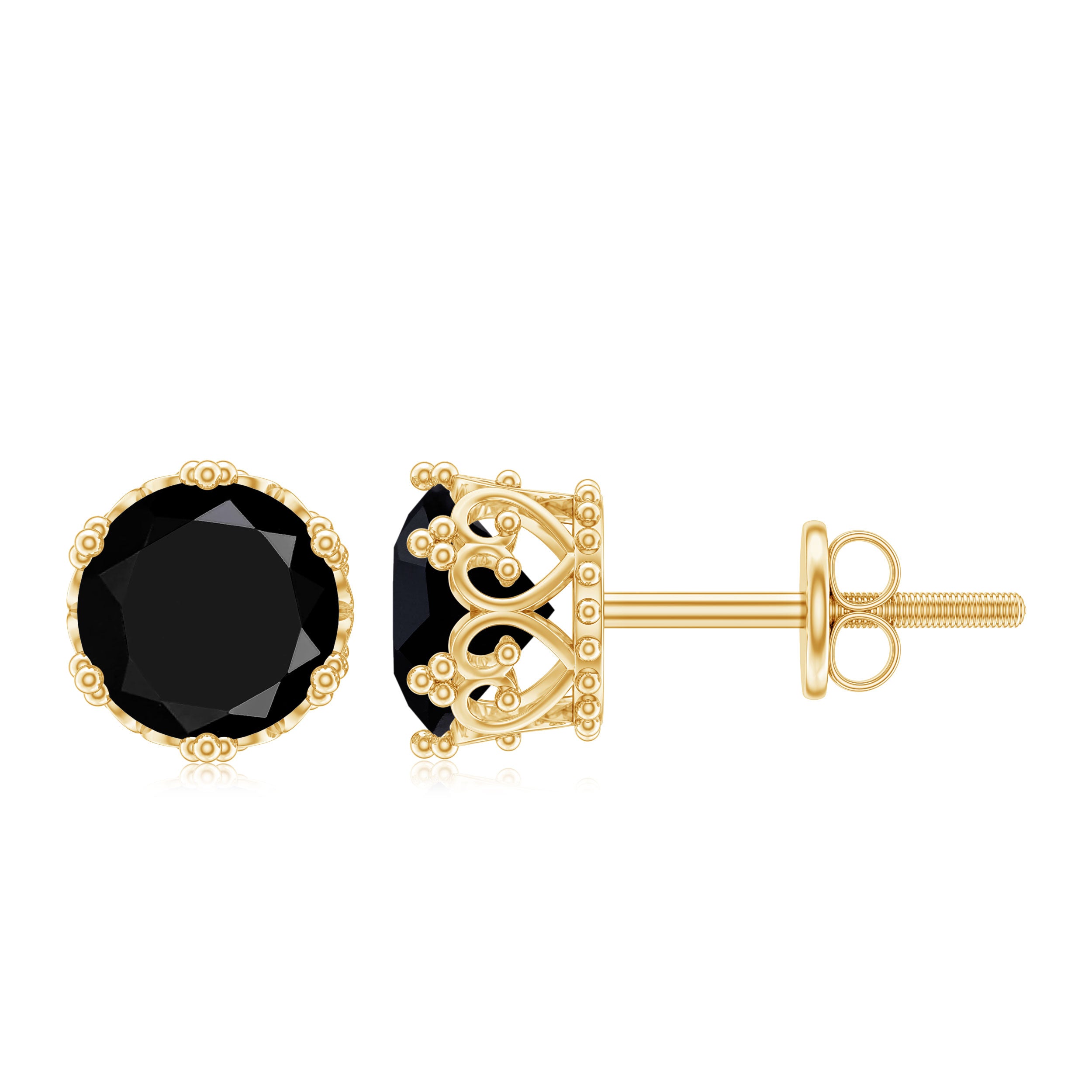 Genuine Black Onyx Crown Stud Earrings with Screw Back AAA - Rosec Jewels