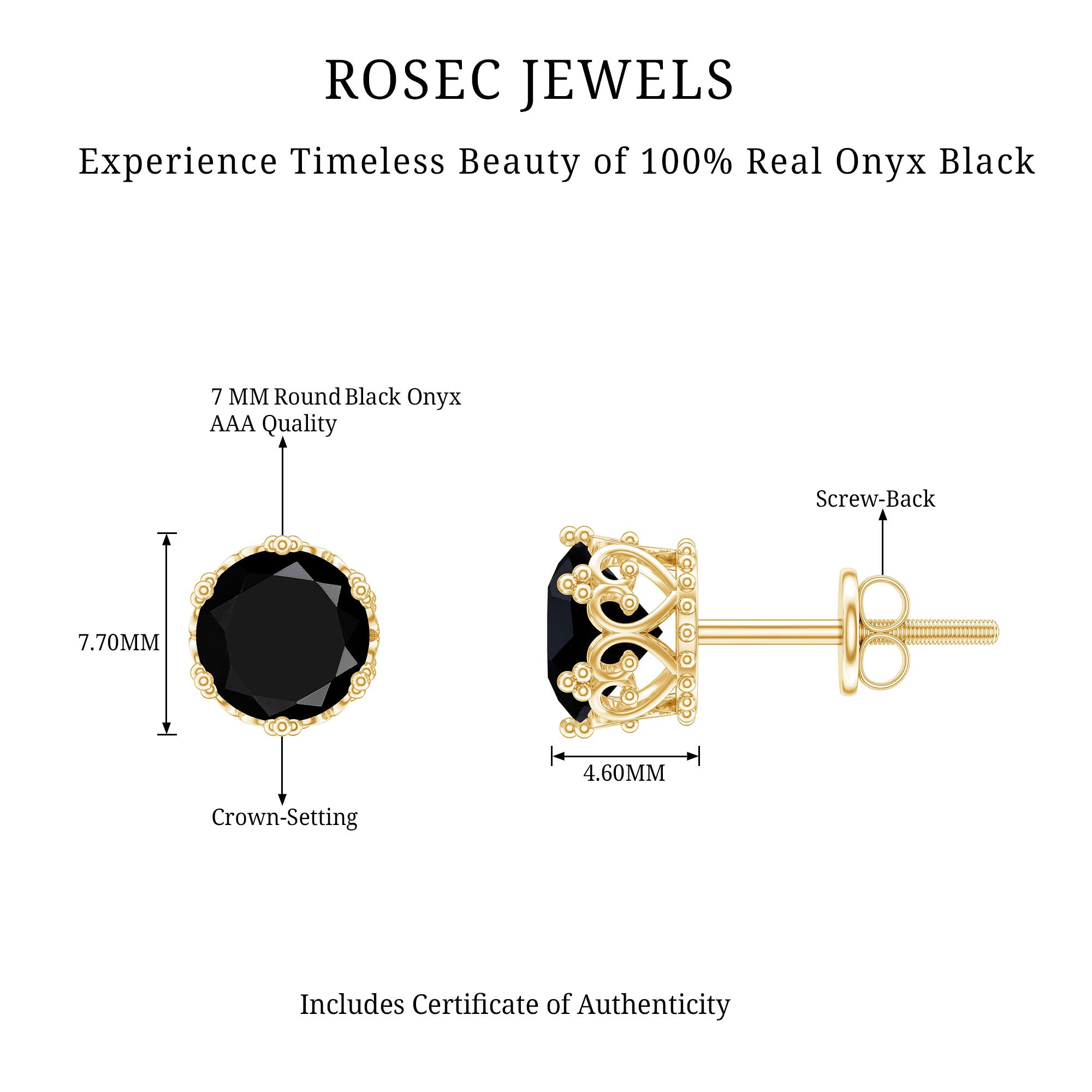 Genuine Black Onyx Crown Stud Earrings with Screw Back AAA - Rosec Jewels