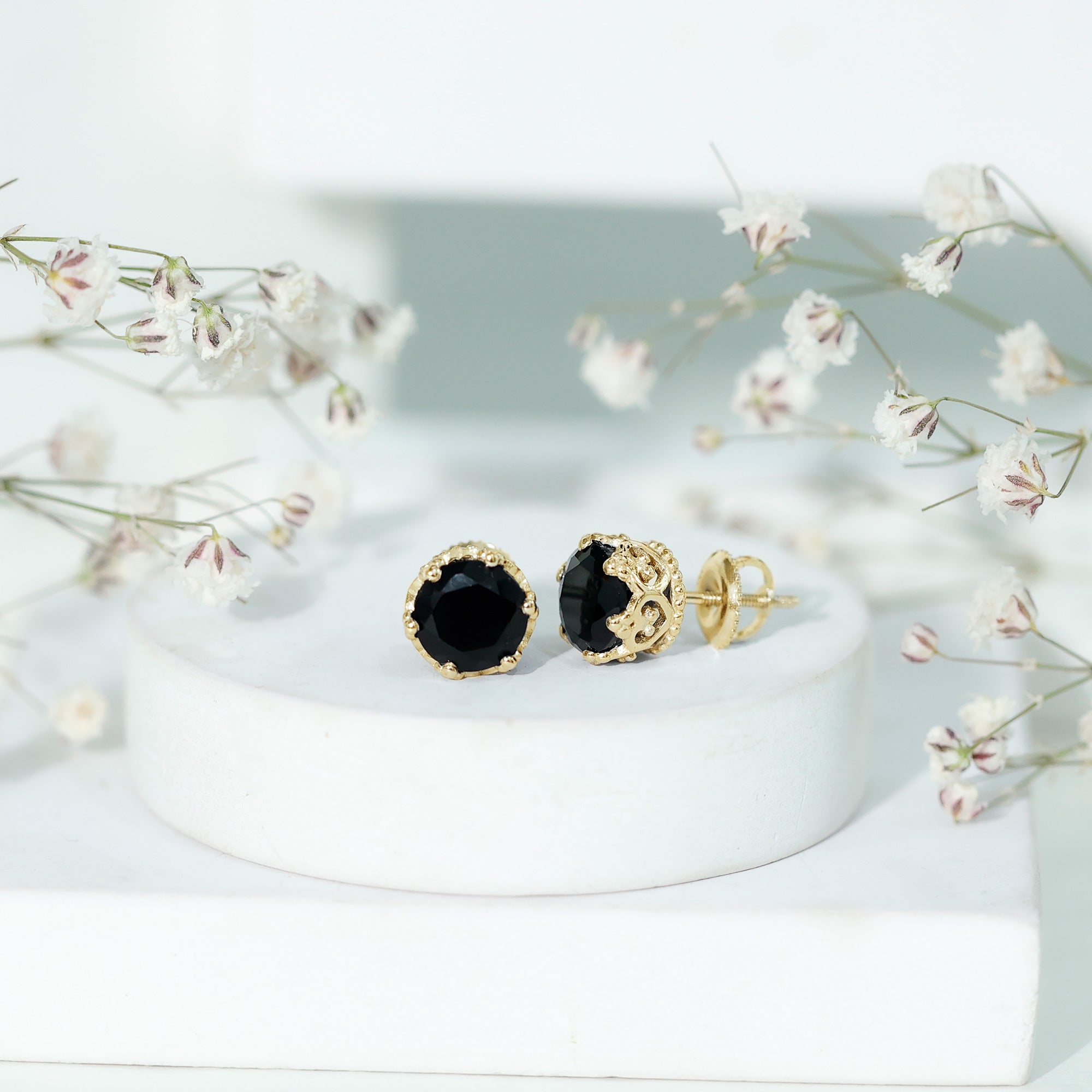 Genuine Black Onyx Crown Stud Earrings with Screw Back AAA - Rosec Jewels