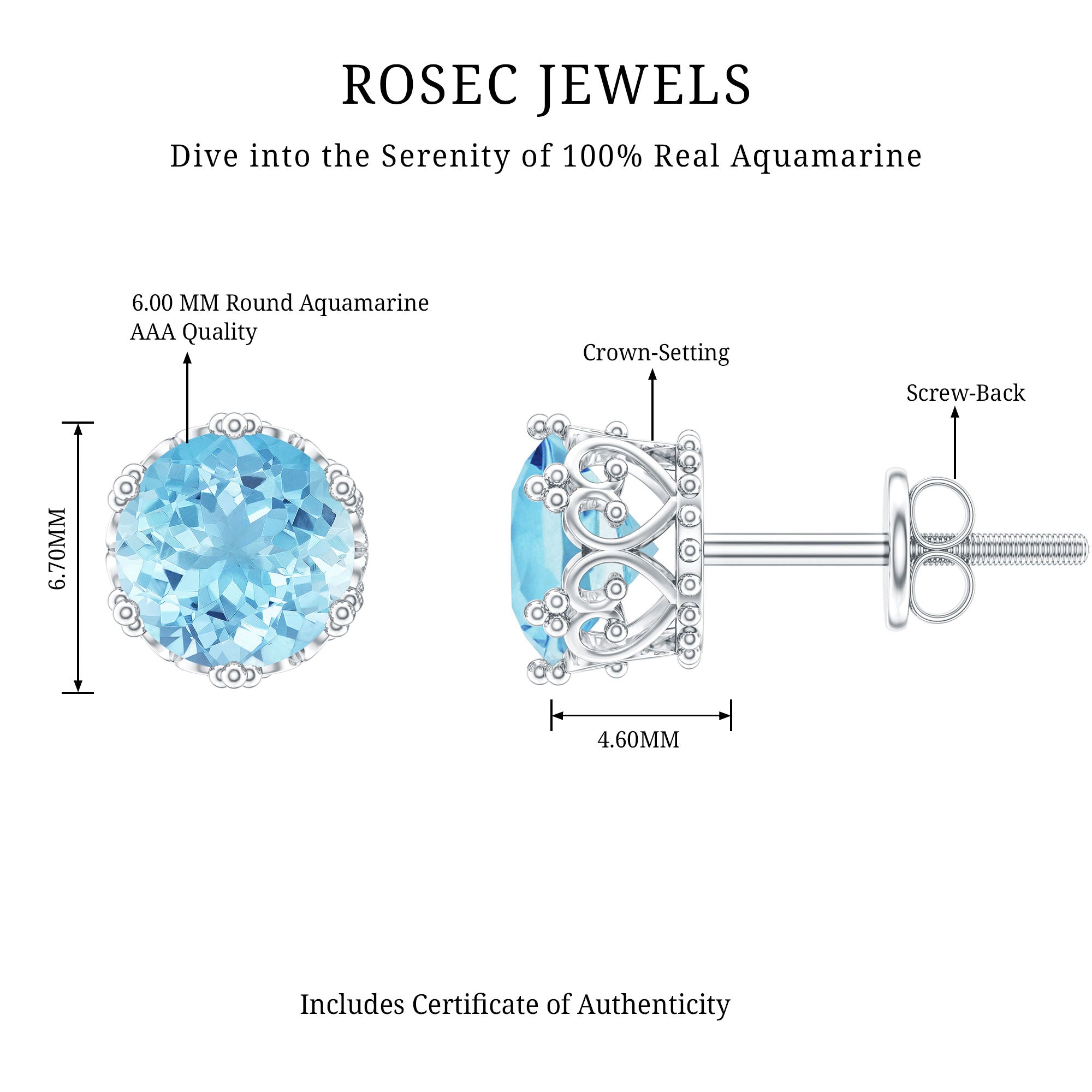 1.5 Carat Genuine Aquamarine Crown Stud Earrings AAA - Rosec Jewels
