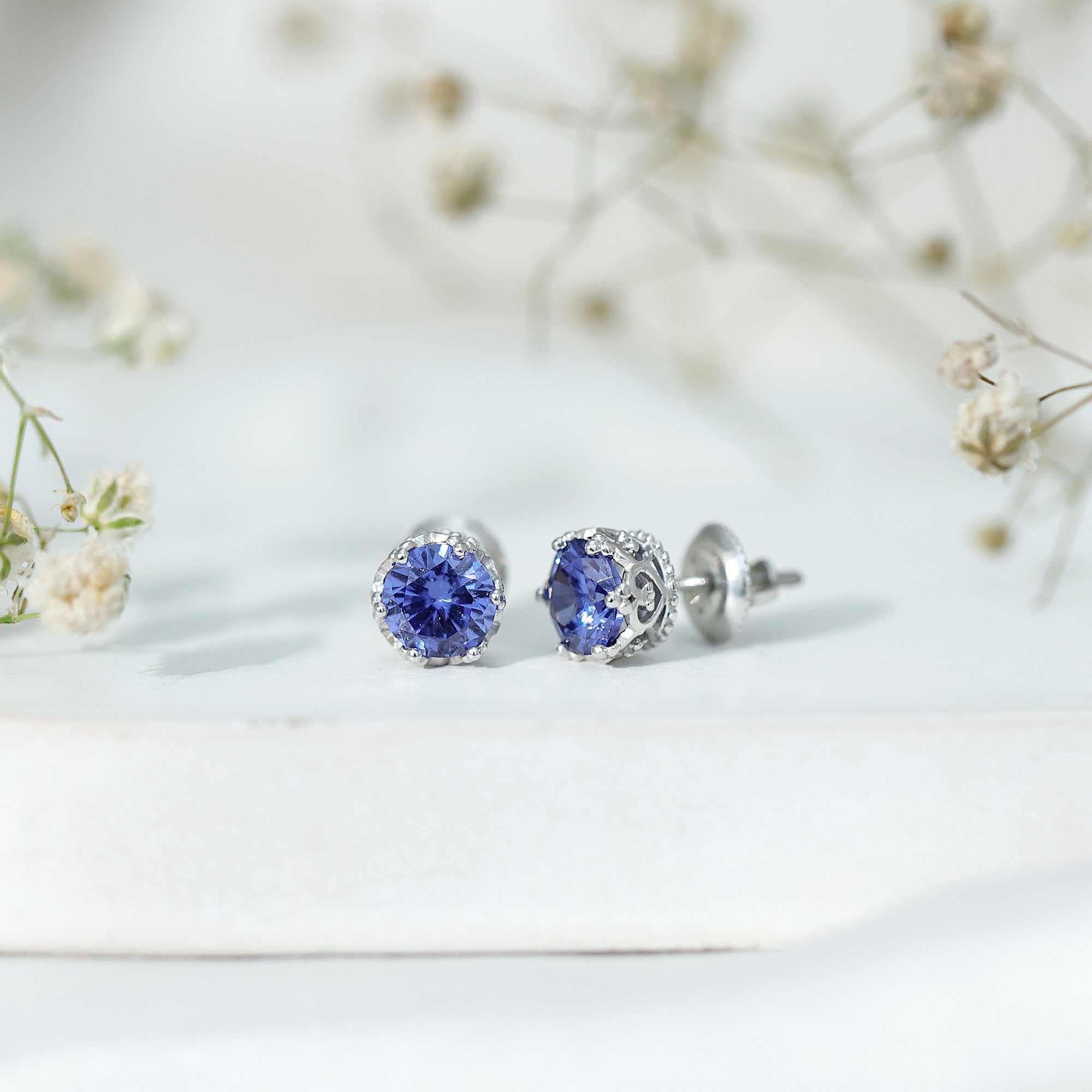 2 Carat Solitaire Lab Created Blue Sapphire Crown Stud Earrings AAAA - Rosec Jewels