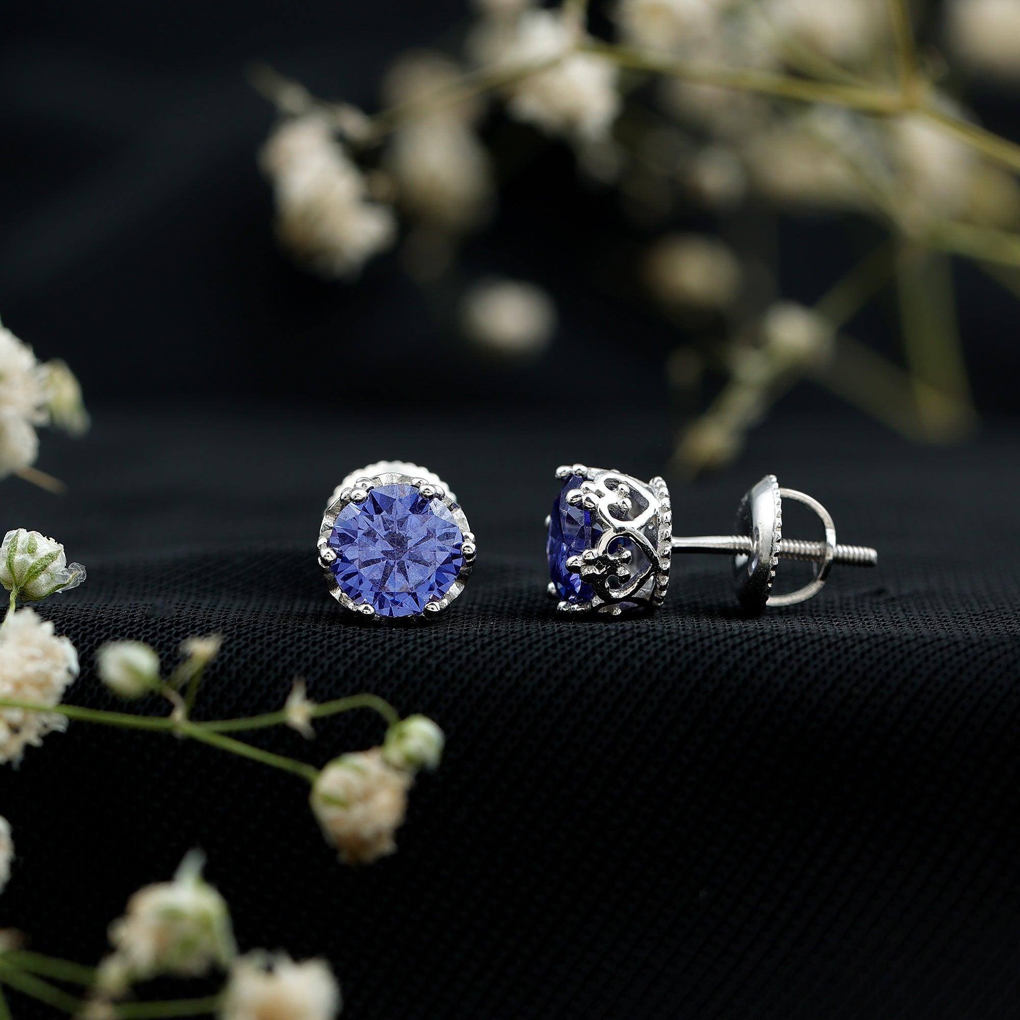 2 Carat Solitaire Lab Created Blue Sapphire Crown Stud Earrings AAAA - Rosec Jewels
