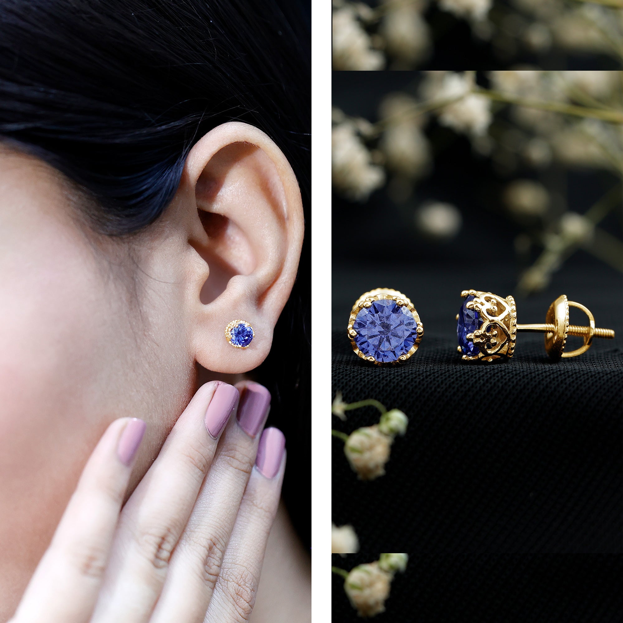 2 Carat Solitaire Lab Created Blue Sapphire Crown Stud Earrings AAAA - Rosec Jewels
